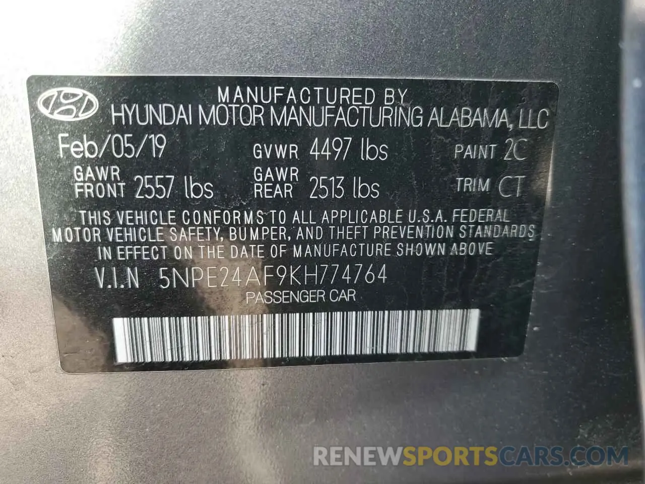 12 Photograph of a damaged car 5NPE24AF9KH774764 HYUNDAI SONATA 2019