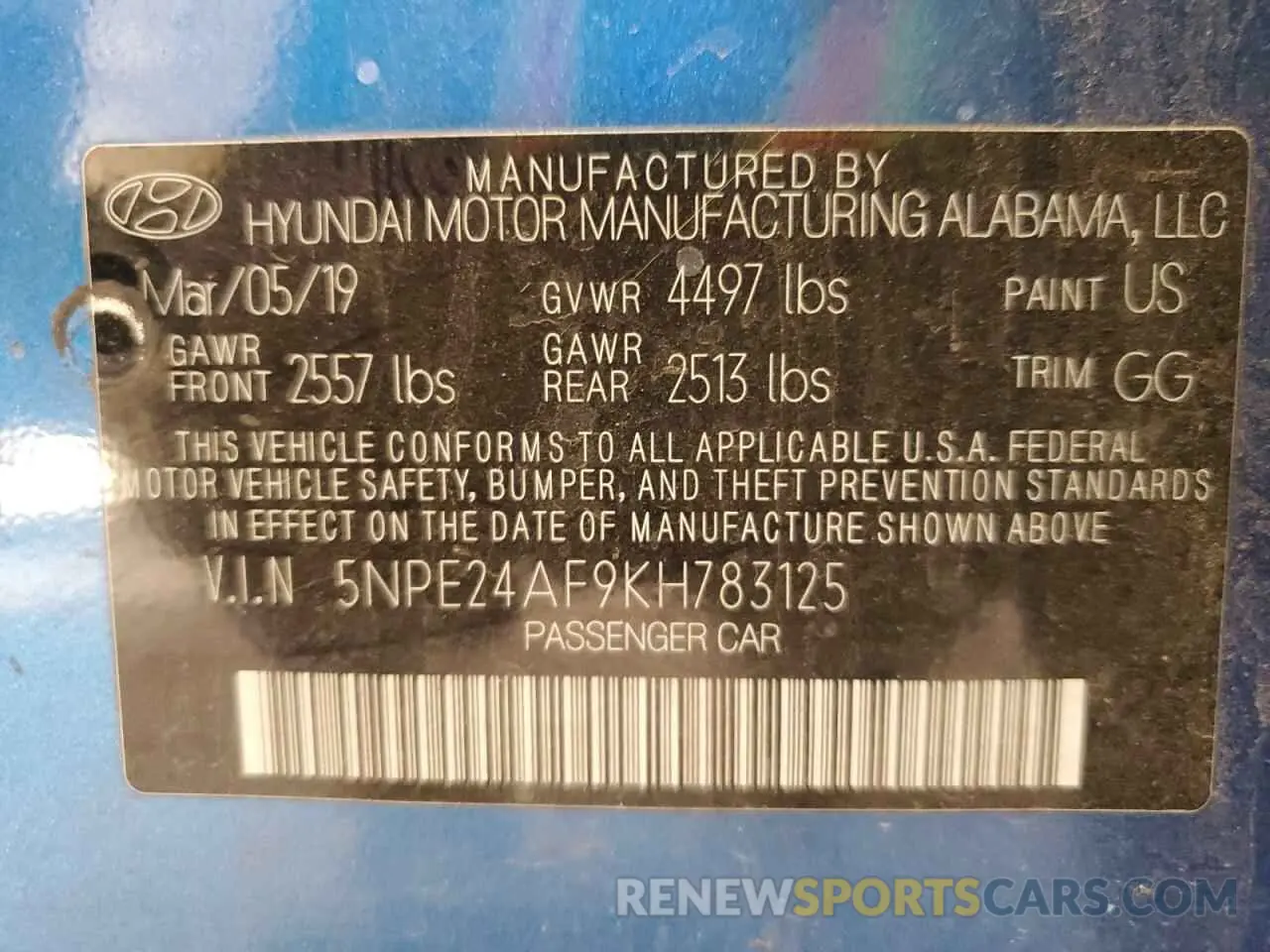 12 Photograph of a damaged car 5NPE24AF9KH783125 HYUNDAI SONATA 2019