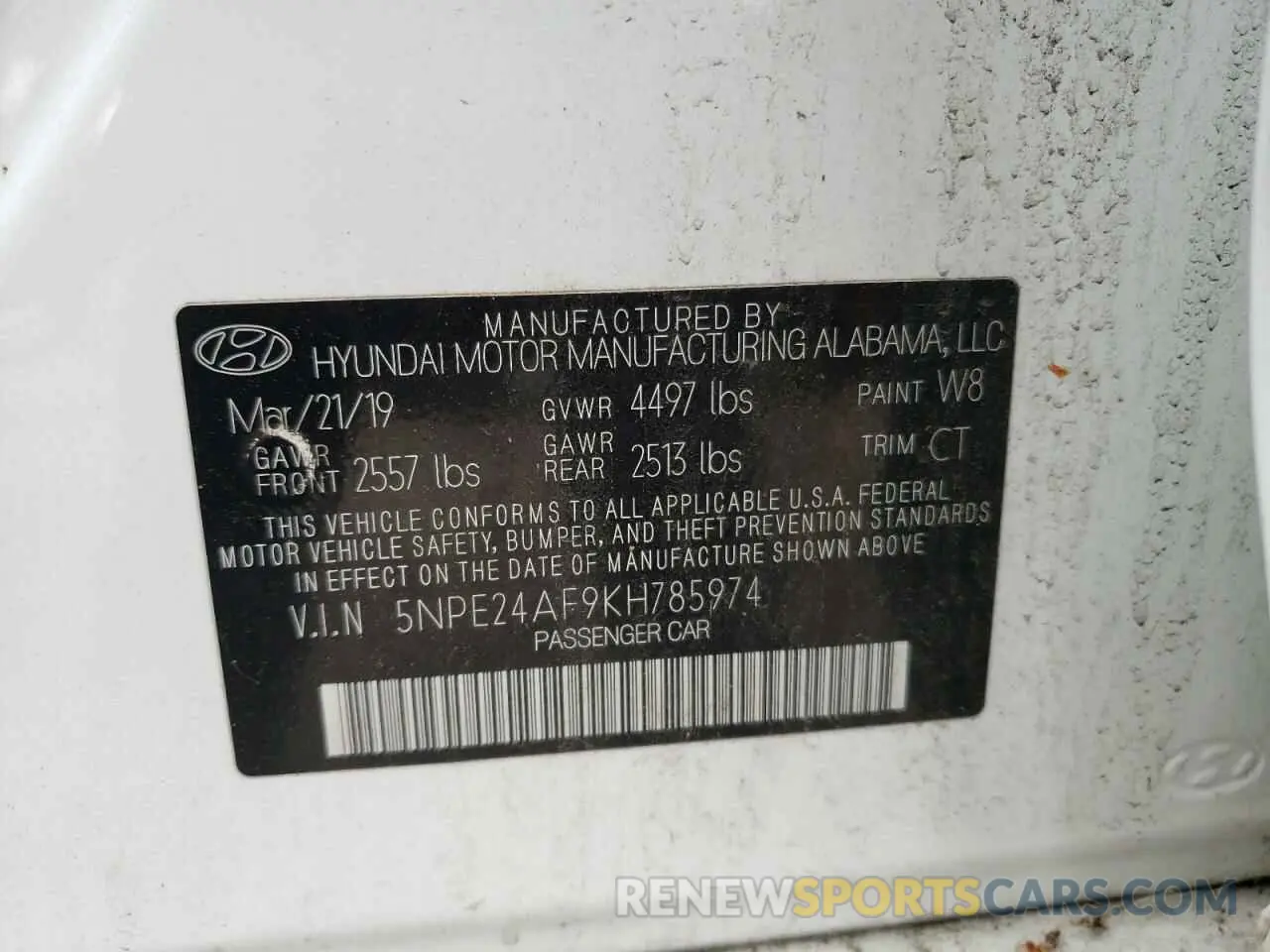 13 Photograph of a damaged car 5NPE24AF9KH785974 HYUNDAI SONATA 2019