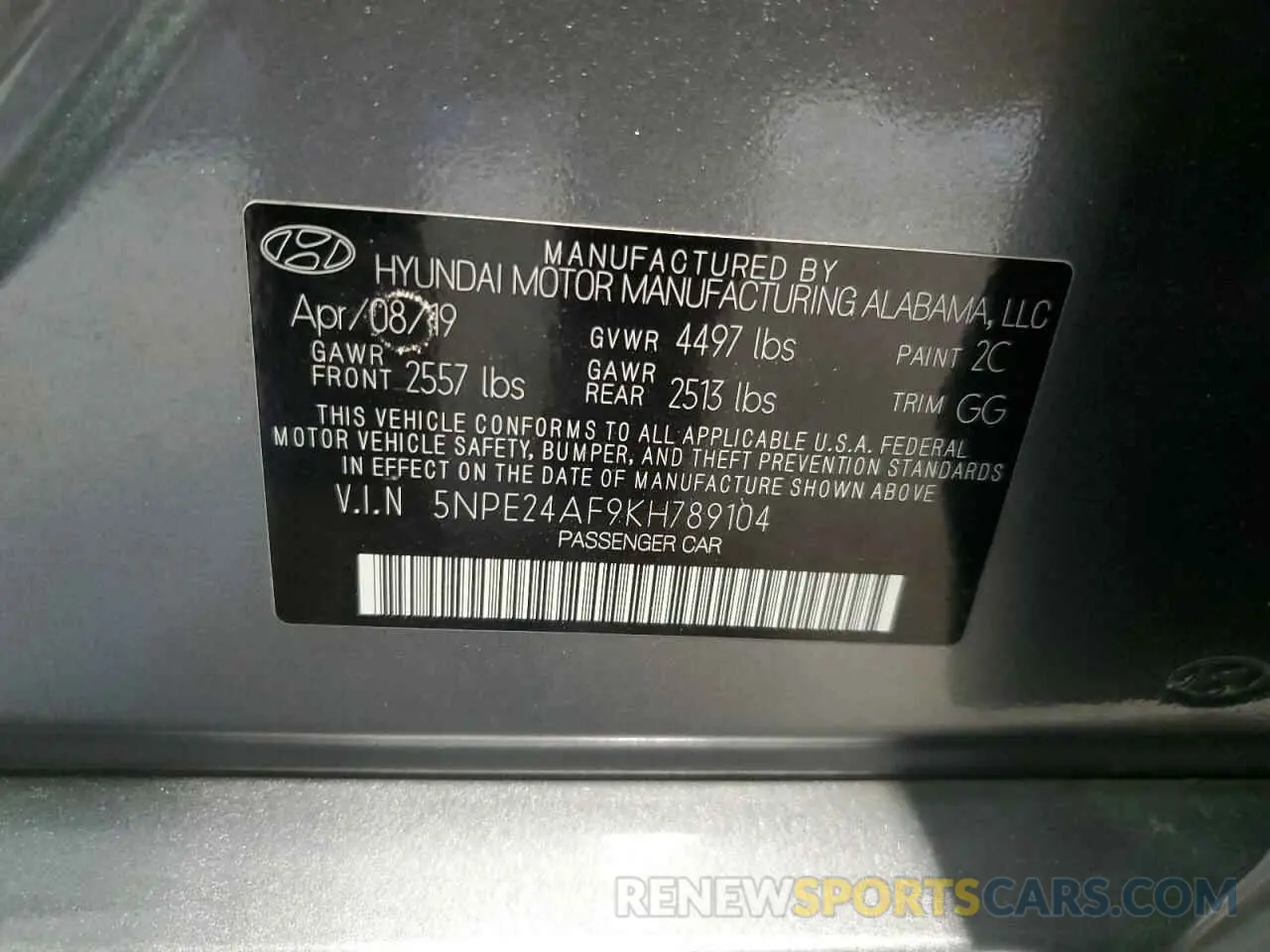 12 Photograph of a damaged car 5NPE24AF9KH789104 HYUNDAI SONATA 2019