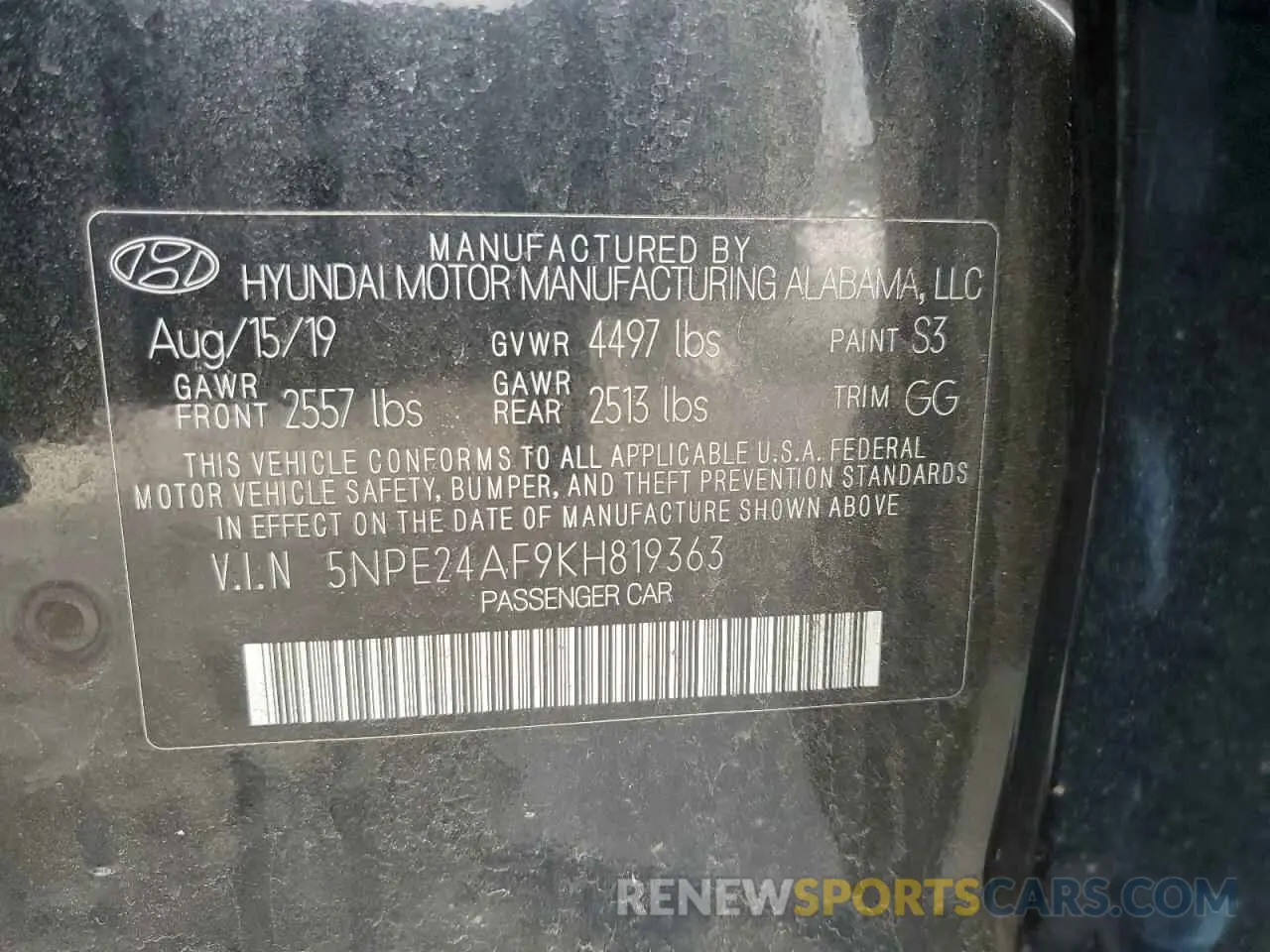13 Photograph of a damaged car 5NPE24AF9KH819363 HYUNDAI SONATA 2019