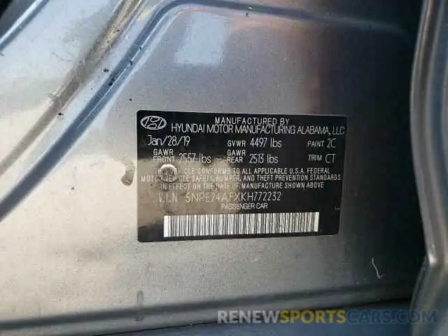 12 Photograph of a damaged car 5NPE24AFXKH772232 HYUNDAI SONATA 2019