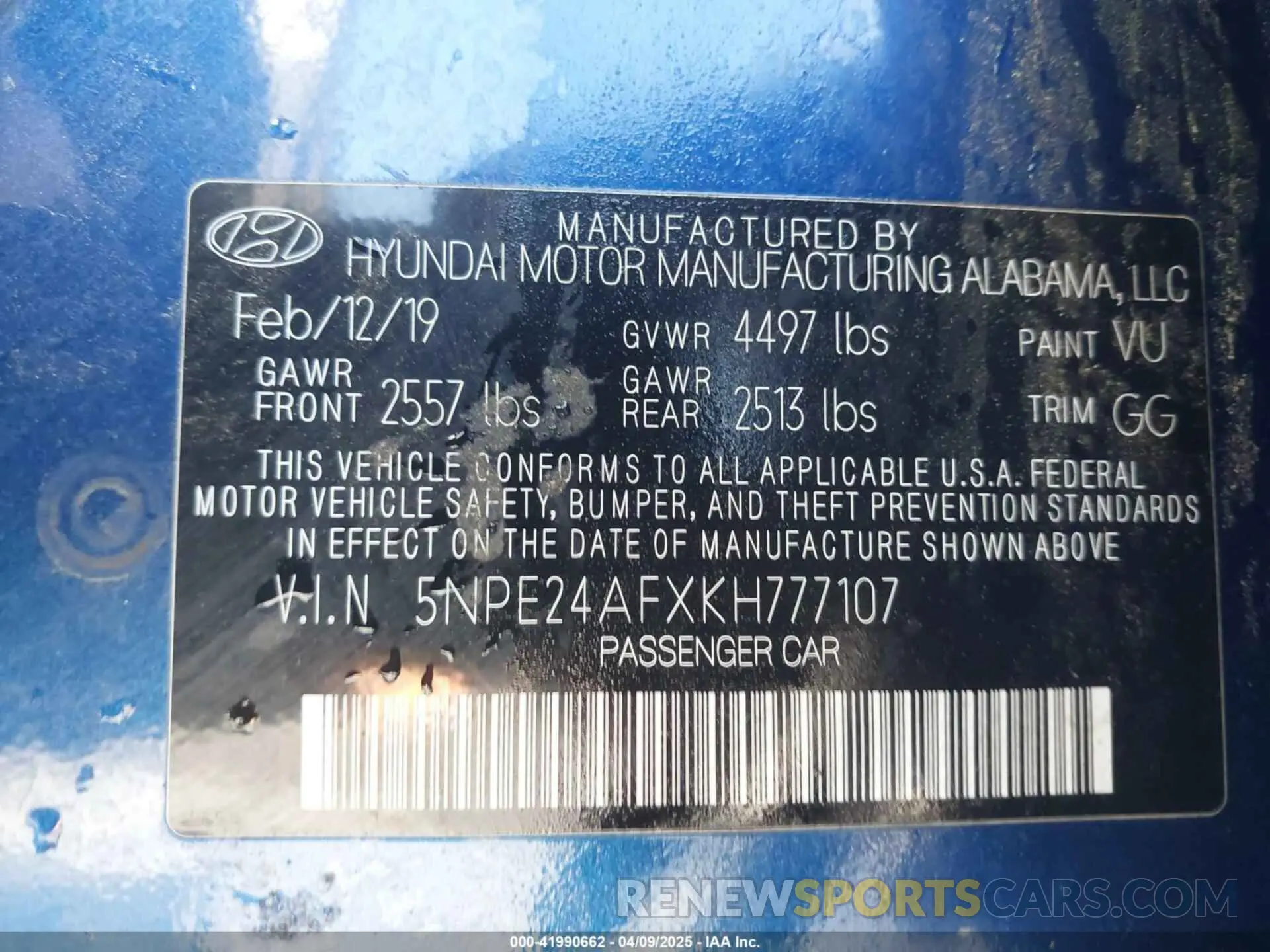 9 Photograph of a damaged car 5NPE24AFXKH777107 HYUNDAI SONATA 2019