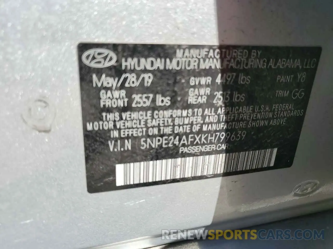 13 Photograph of a damaged car 5NPE24AFXKH799639 HYUNDAI SONATA 2019