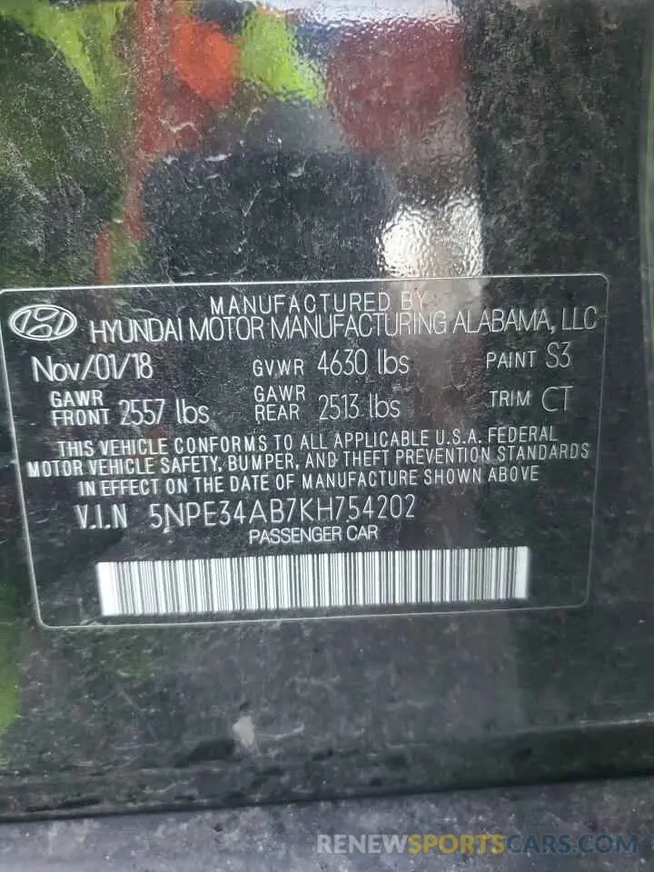 12 Photograph of a damaged car 5NPE34AB7KH754202 HYUNDAI SONATA 2019