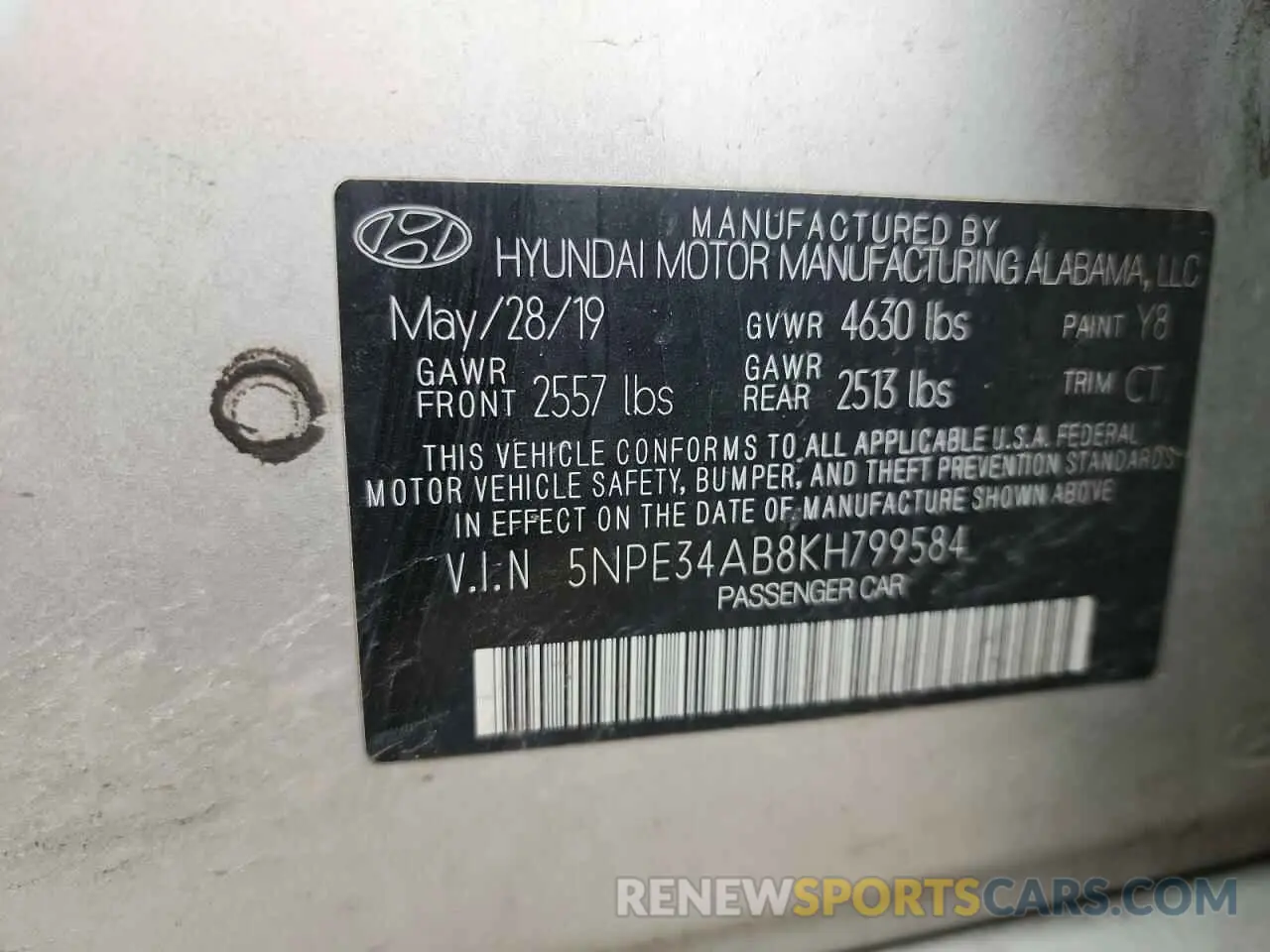 12 Photograph of a damaged car 5NPE34AB8KH799584 HYUNDAI SONATA 2019