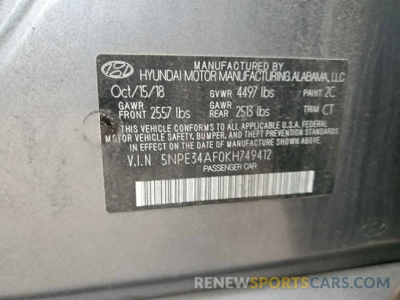 12 Photograph of a damaged car 5NPE34AF0KH749412 HYUNDAI SONATA 2019
