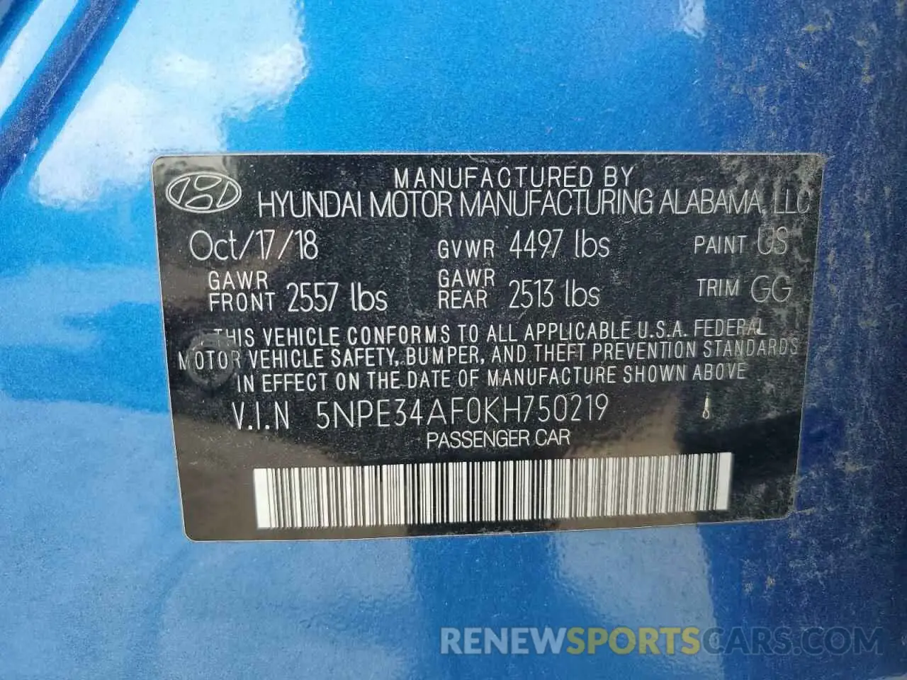13 Photograph of a damaged car 5NPE34AF0KH750219 HYUNDAI SONATA 2019