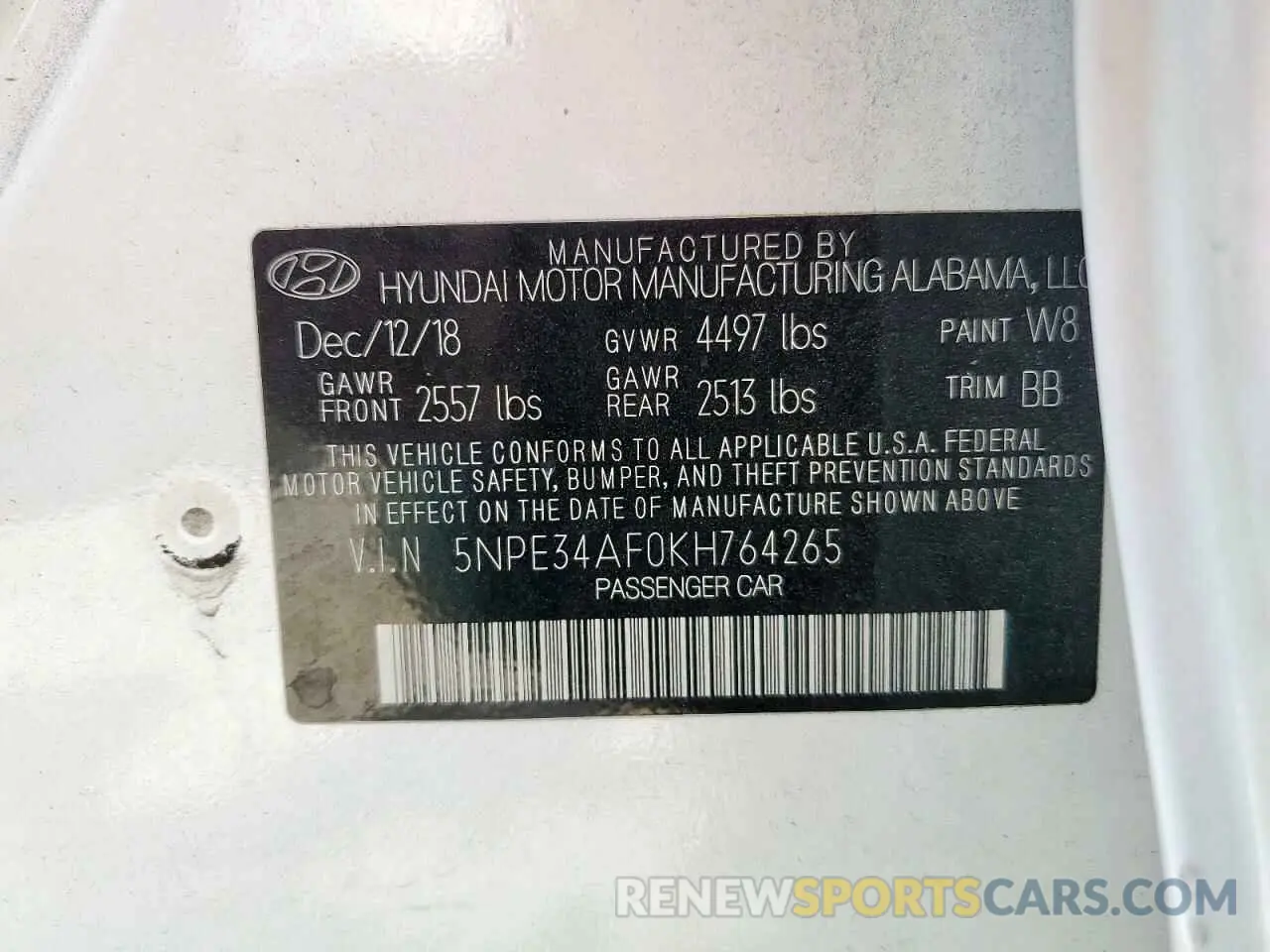 14 Photograph of a damaged car 5NPE34AF0KH764265 HYUNDAI SONATA 2019