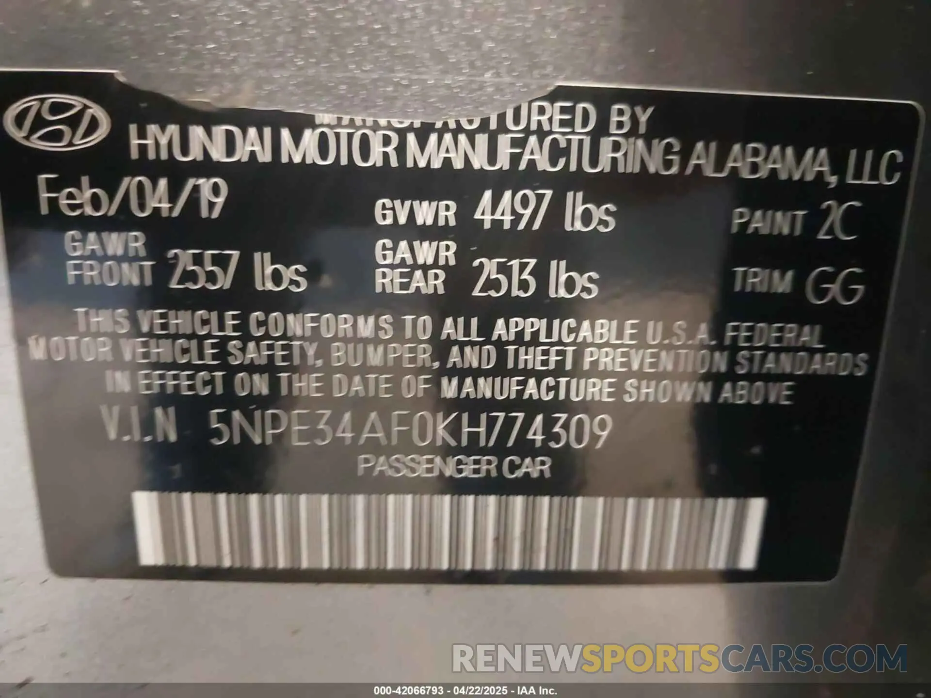 9 Photograph of a damaged car 5NPE34AF0KH774309 HYUNDAI SONATA 2019