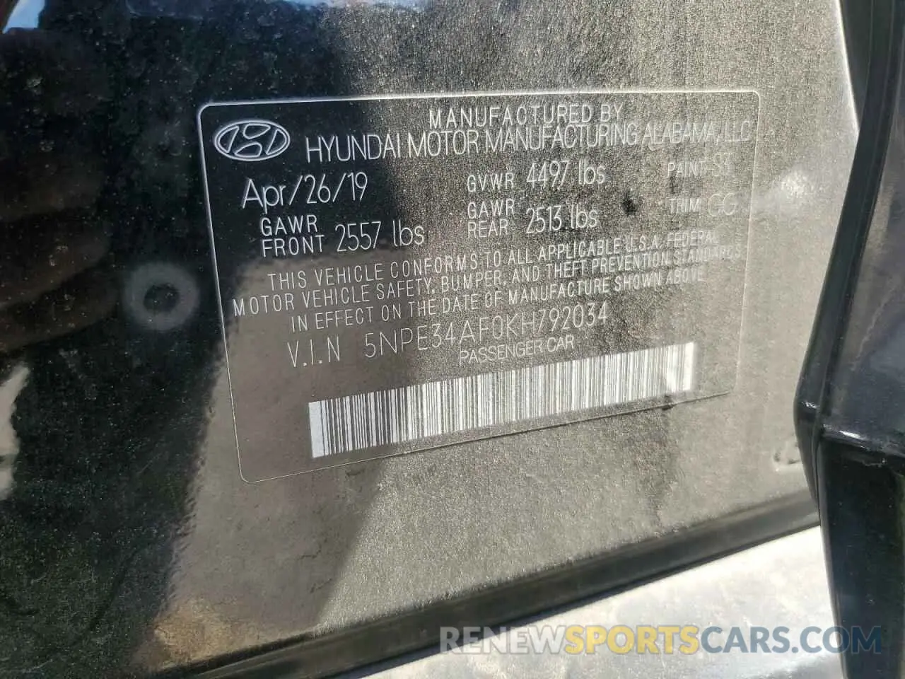 12 Photograph of a damaged car 5NPE34AF0KH792034 HYUNDAI SONATA 2019