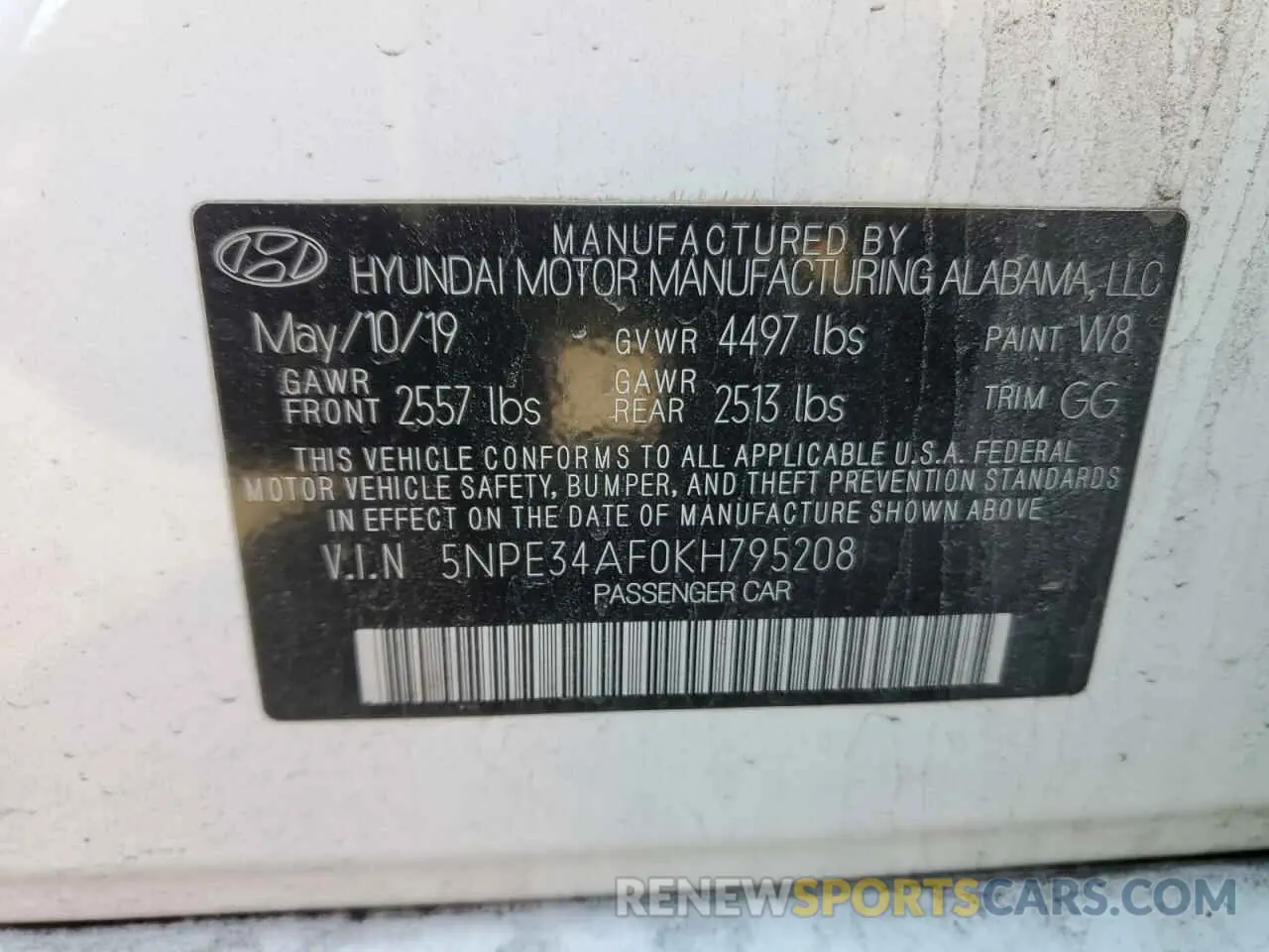 13 Photograph of a damaged car 5NPE34AF0KH795208 HYUNDAI SONATA 2019