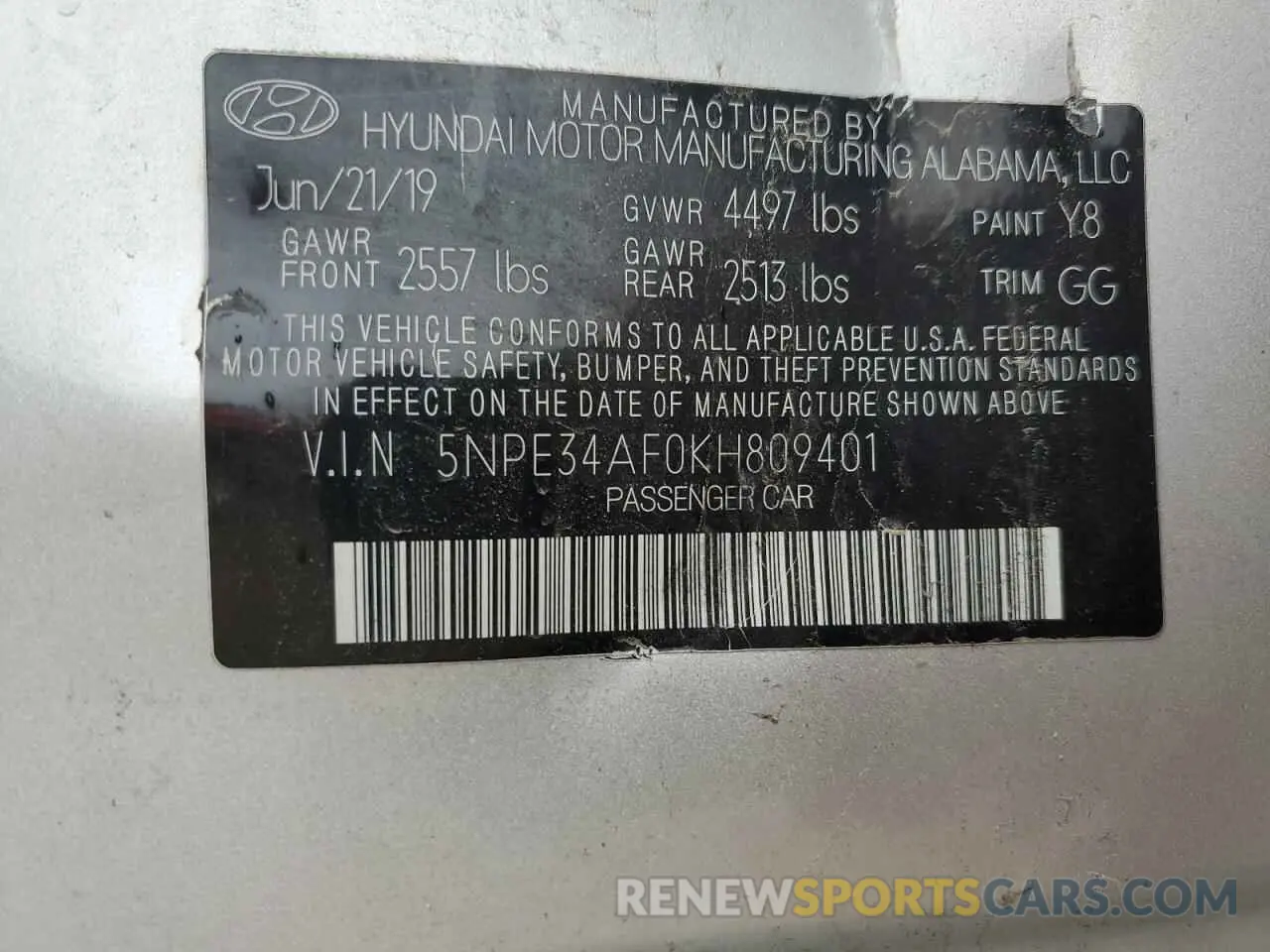 14 Photograph of a damaged car 5NPE34AF0KH809401 HYUNDAI SONATA 2019