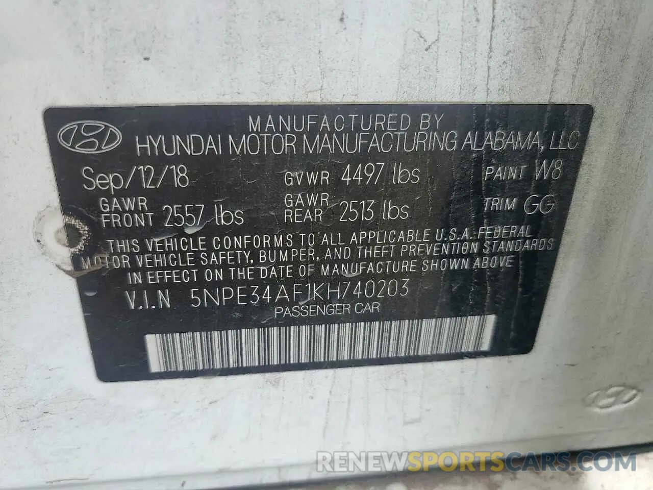 12 Photograph of a damaged car 5NPE34AF1KH740203 HYUNDAI SONATA 2019