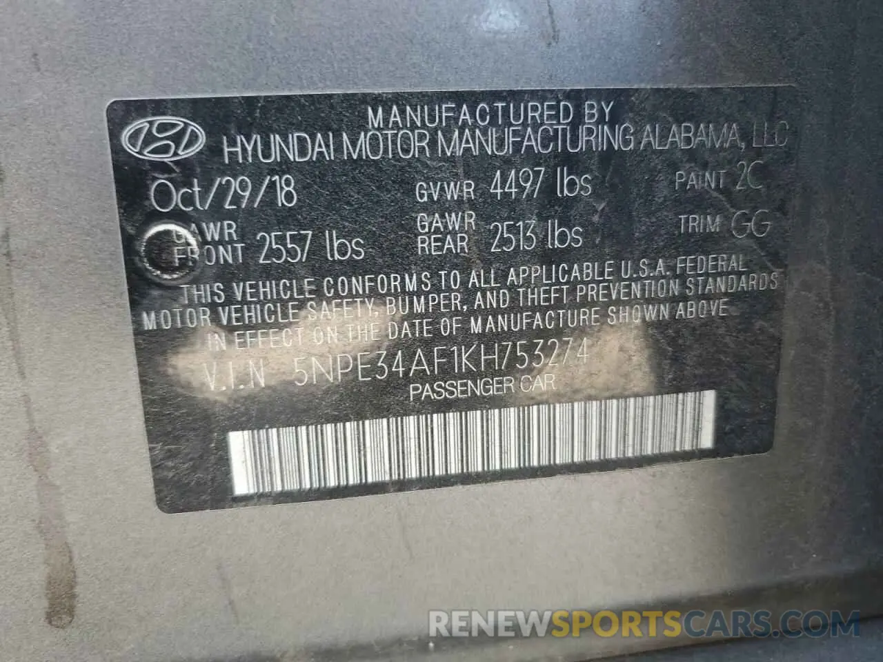 14 Photograph of a damaged car 5NPE34AF1KH753274 HYUNDAI SONATA 2019
