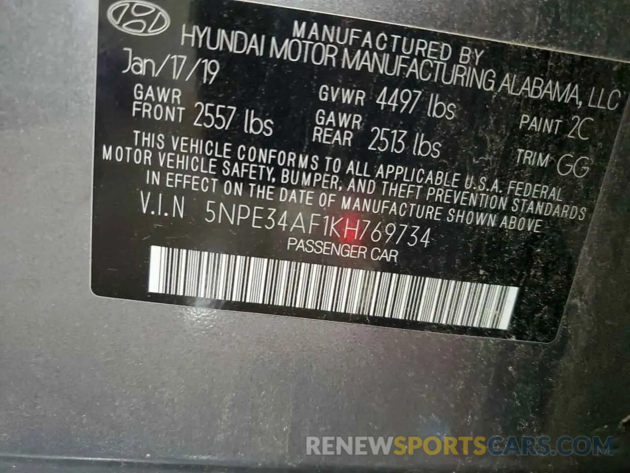 13 Photograph of a damaged car 5NPE34AF1KH769734 HYUNDAI SONATA 2019