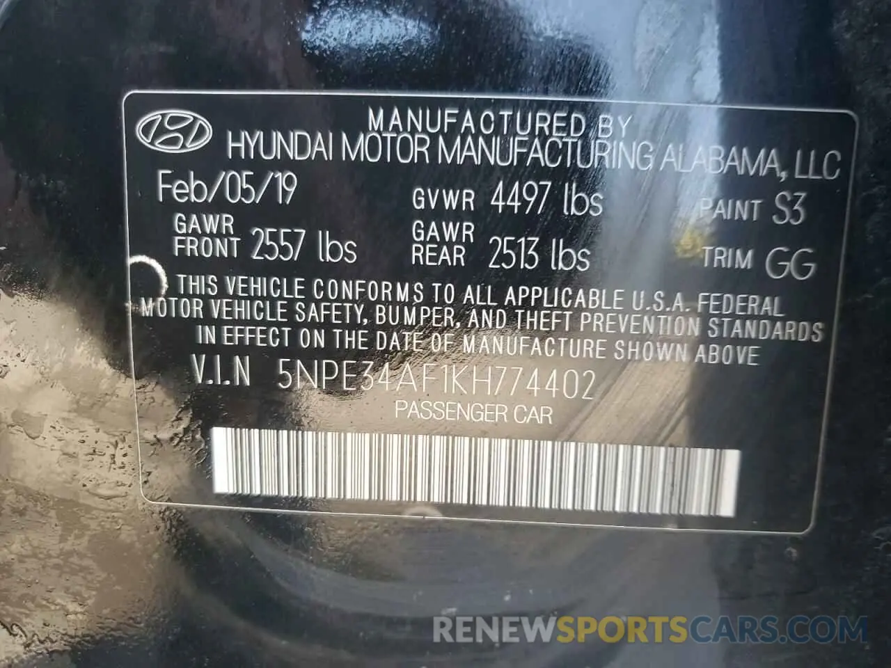12 Photograph of a damaged car 5NPE34AF1KH774402 HYUNDAI SONATA 2019