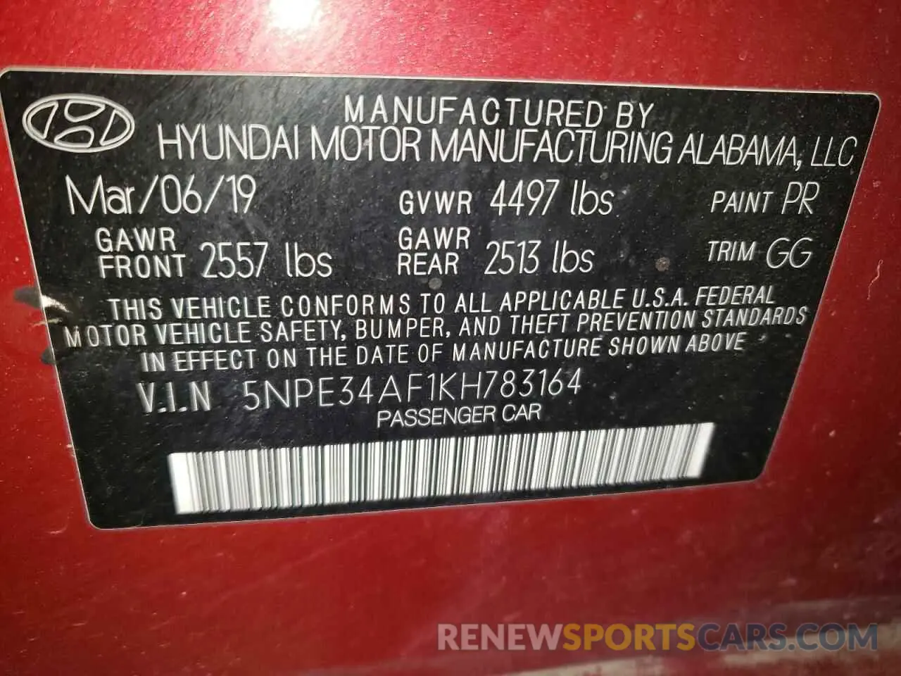 12 Photograph of a damaged car 5NPE34AF1KH783164 HYUNDAI SONATA 2019