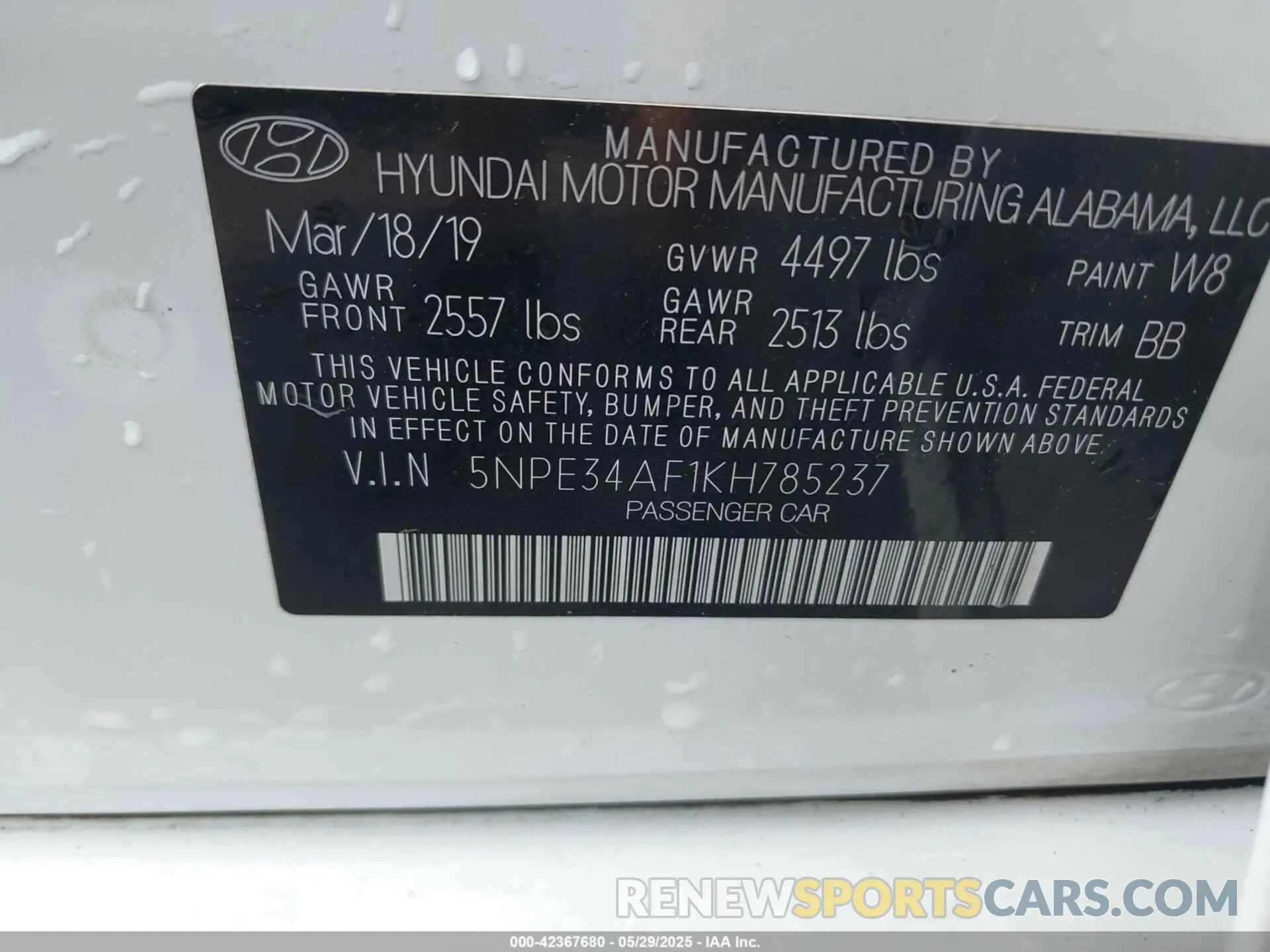 9 Photograph of a damaged car 5NPE34AF1KH785237 HYUNDAI SONATA 2019