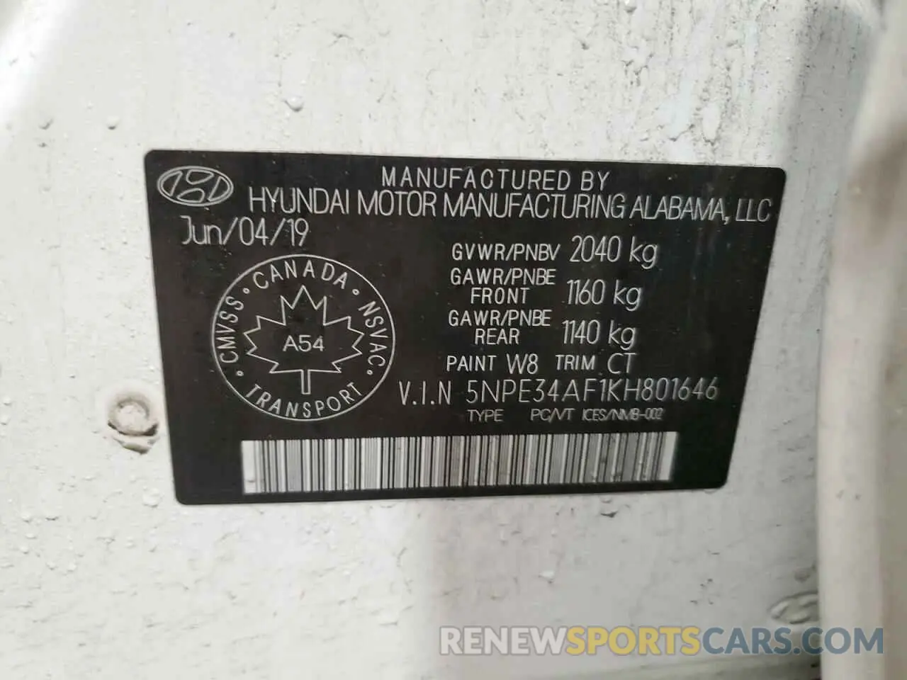 13 Photograph of a damaged car 5NPE34AF1KH801646 HYUNDAI SONATA 2019