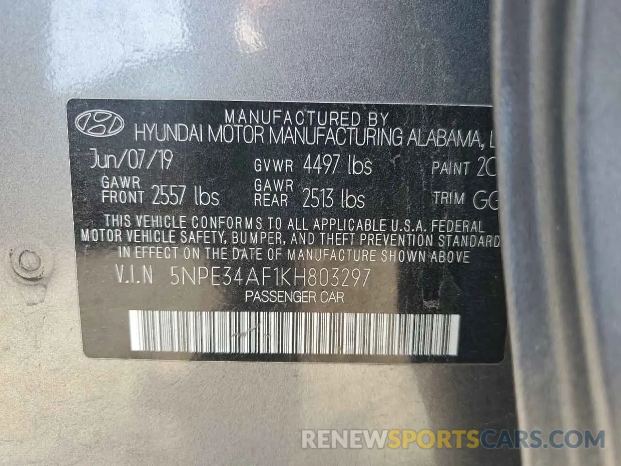 13 Photograph of a damaged car 5NPE34AF1KH803297 HYUNDAI SONATA 2019