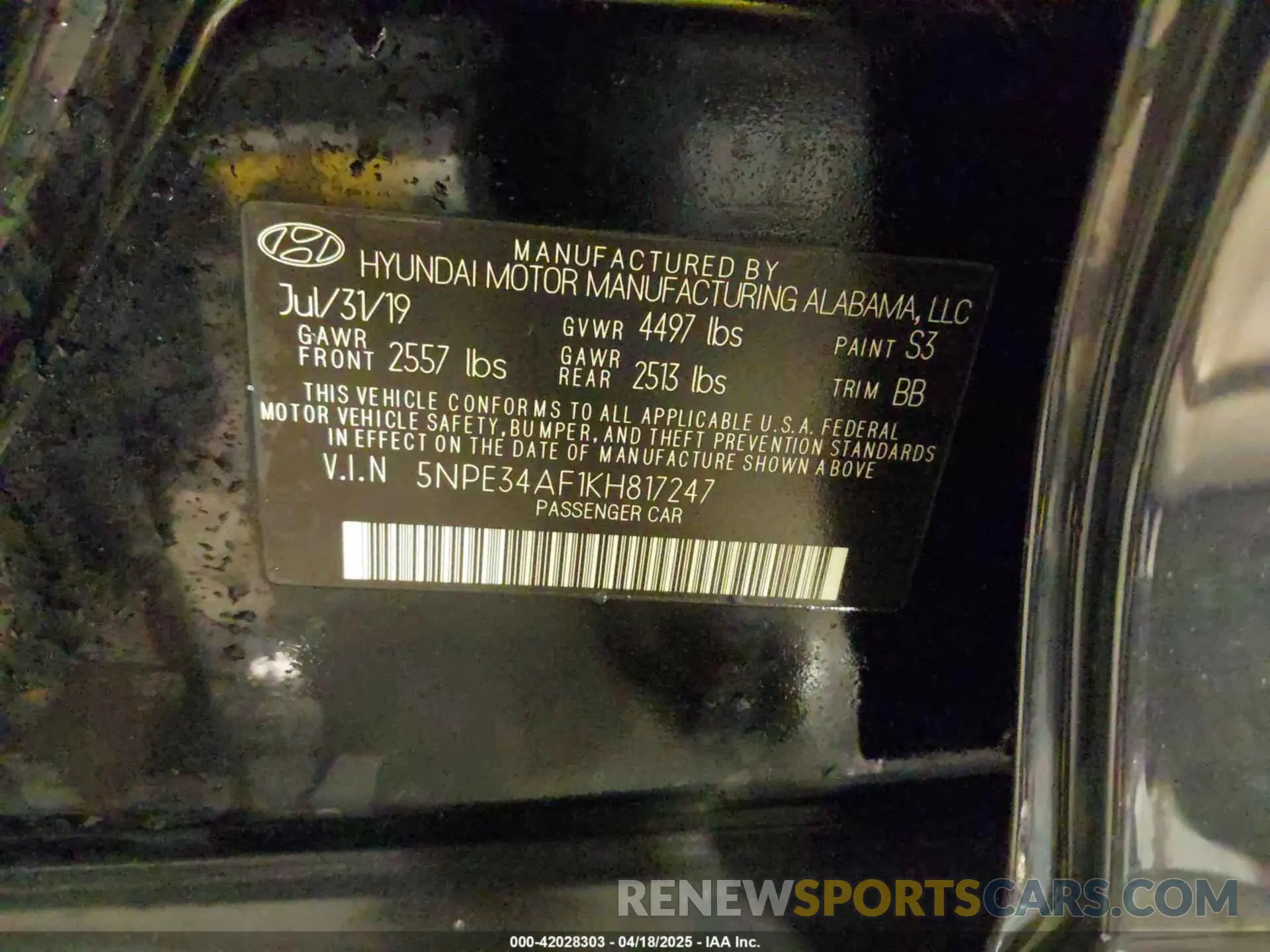 9 Photograph of a damaged car 5NPE34AF1KH817247 HYUNDAI SONATA 2019