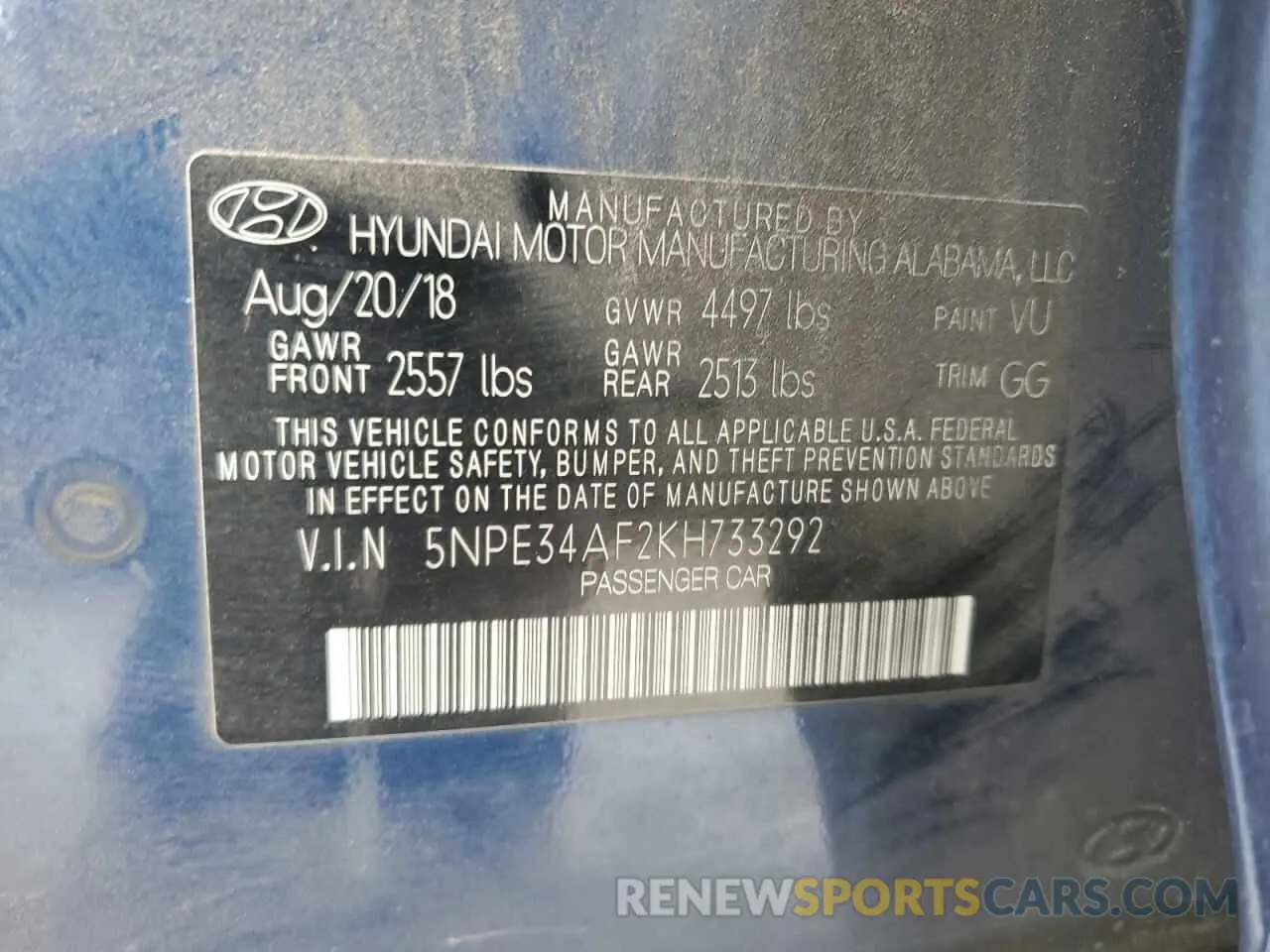 13 Photograph of a damaged car 5NPE34AF2KH733292 HYUNDAI SONATA 2019