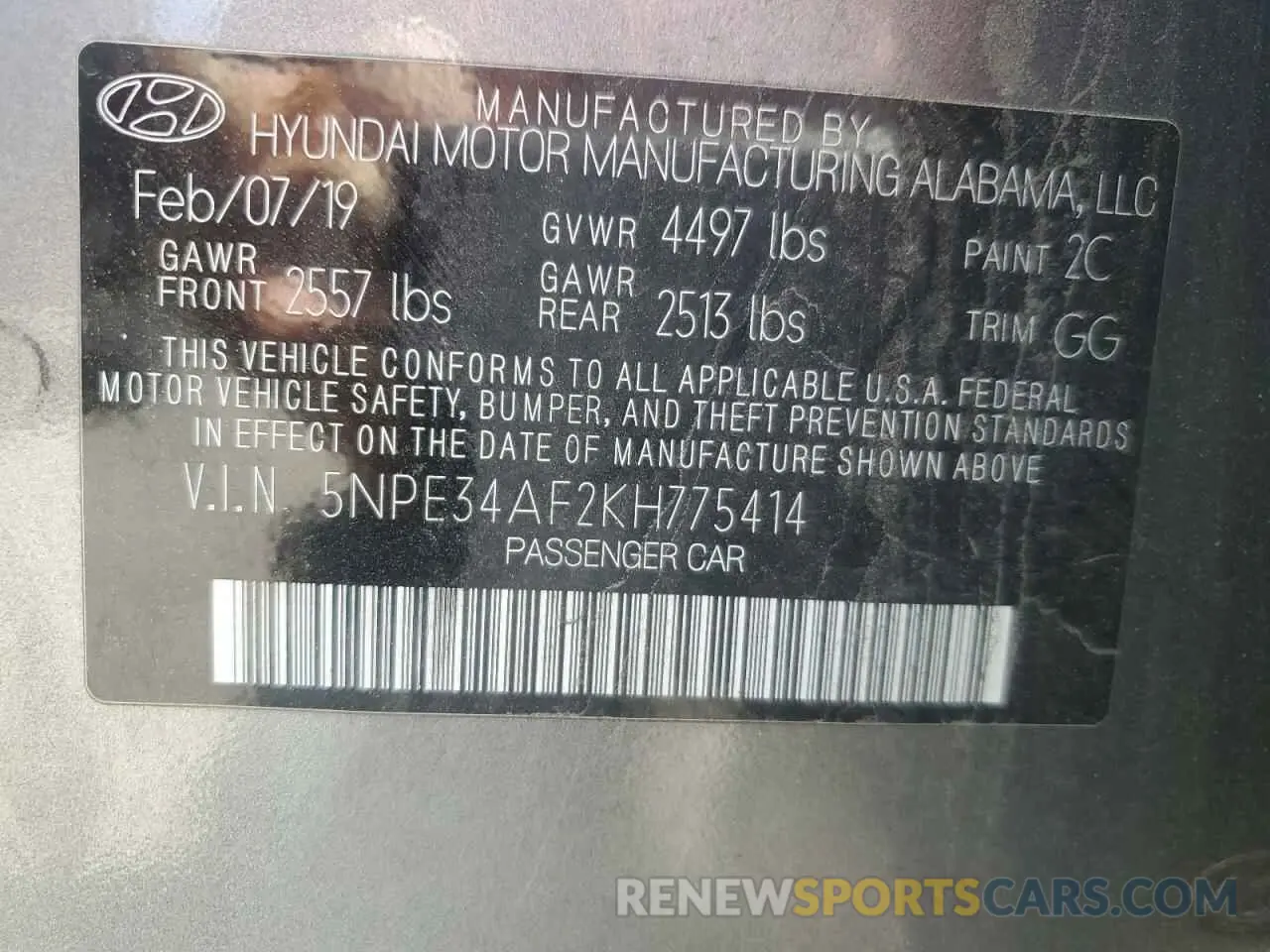12 Photograph of a damaged car 5NPE34AF2KH775414 HYUNDAI SONATA 2019