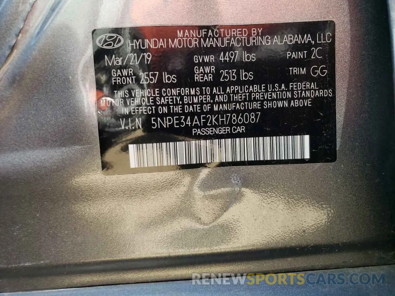 13 Photograph of a damaged car 5NPE34AF2KH786087 HYUNDAI SONATA 2019