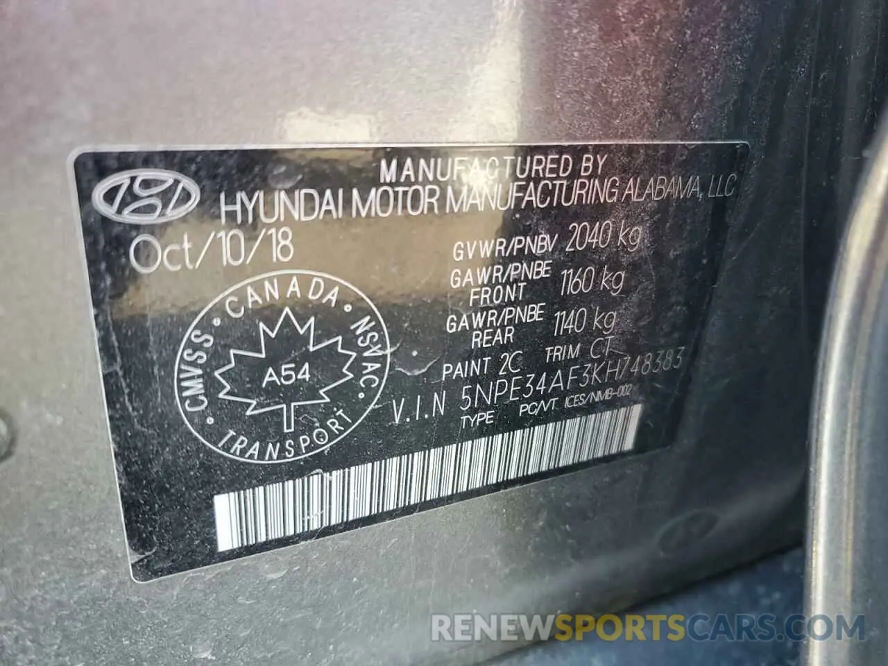 12 Photograph of a damaged car 5NPE34AF3KH748383 HYUNDAI SONATA 2019