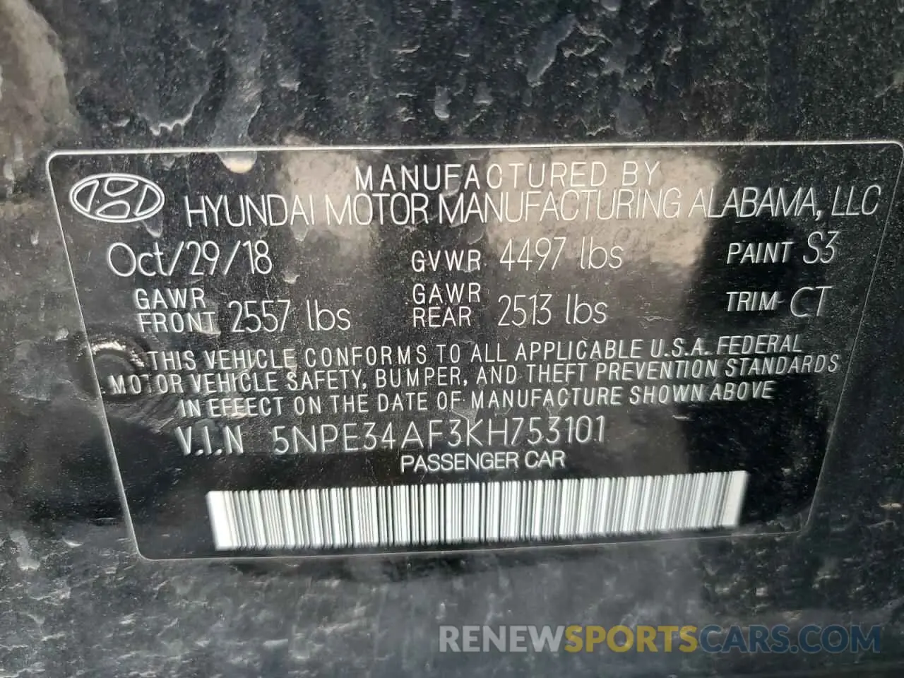 12 Photograph of a damaged car 5NPE34AF3KH753101 HYUNDAI SONATA 2019
