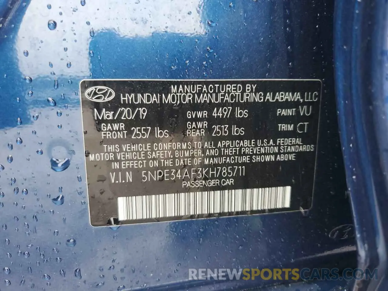 13 Photograph of a damaged car 5NPE34AF3KH785711 HYUNDAI SONATA 2019