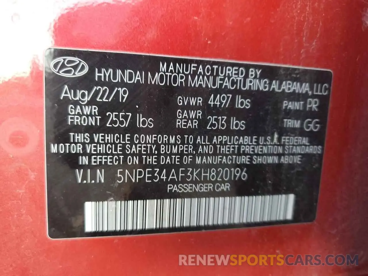 12 Photograph of a damaged car 5NPE34AF3KH820196 HYUNDAI SONATA 2019