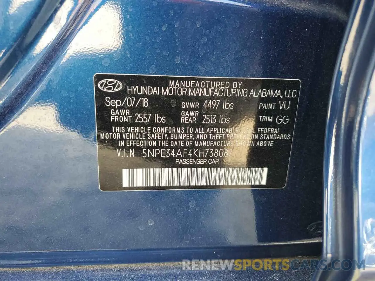 13 Photograph of a damaged car 5NPE34AF4KH738087 HYUNDAI SONATA 2019