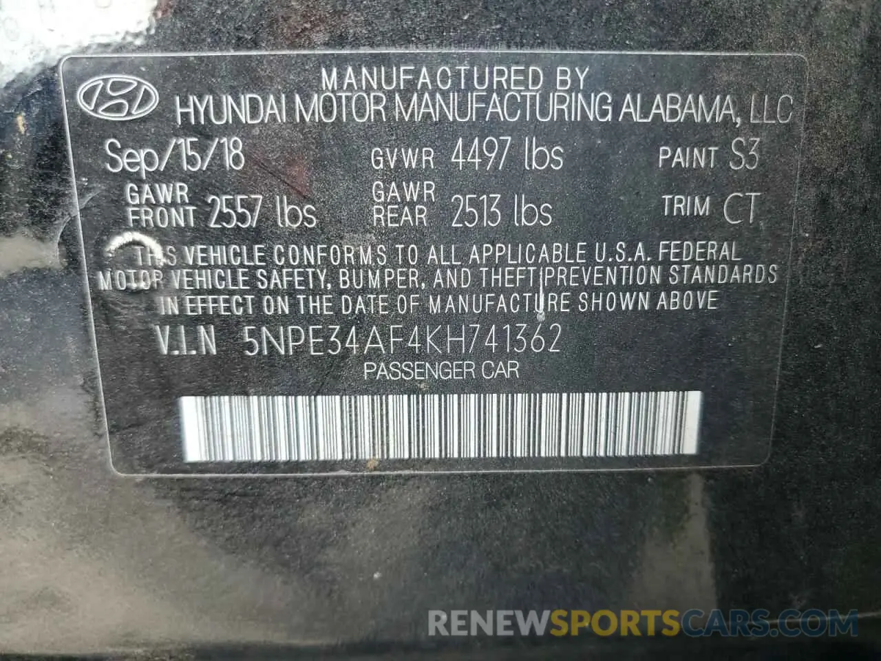 13 Photograph of a damaged car 5NPE34AF4KH741362 HYUNDAI SONATA 2019
