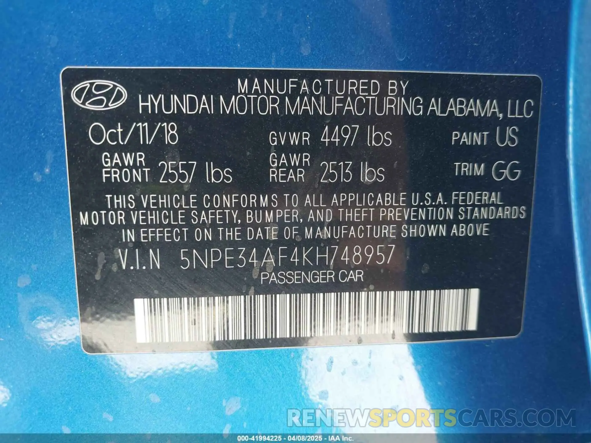 9 Photograph of a damaged car 5NPE34AF4KH748957 HYUNDAI SONATA 2019