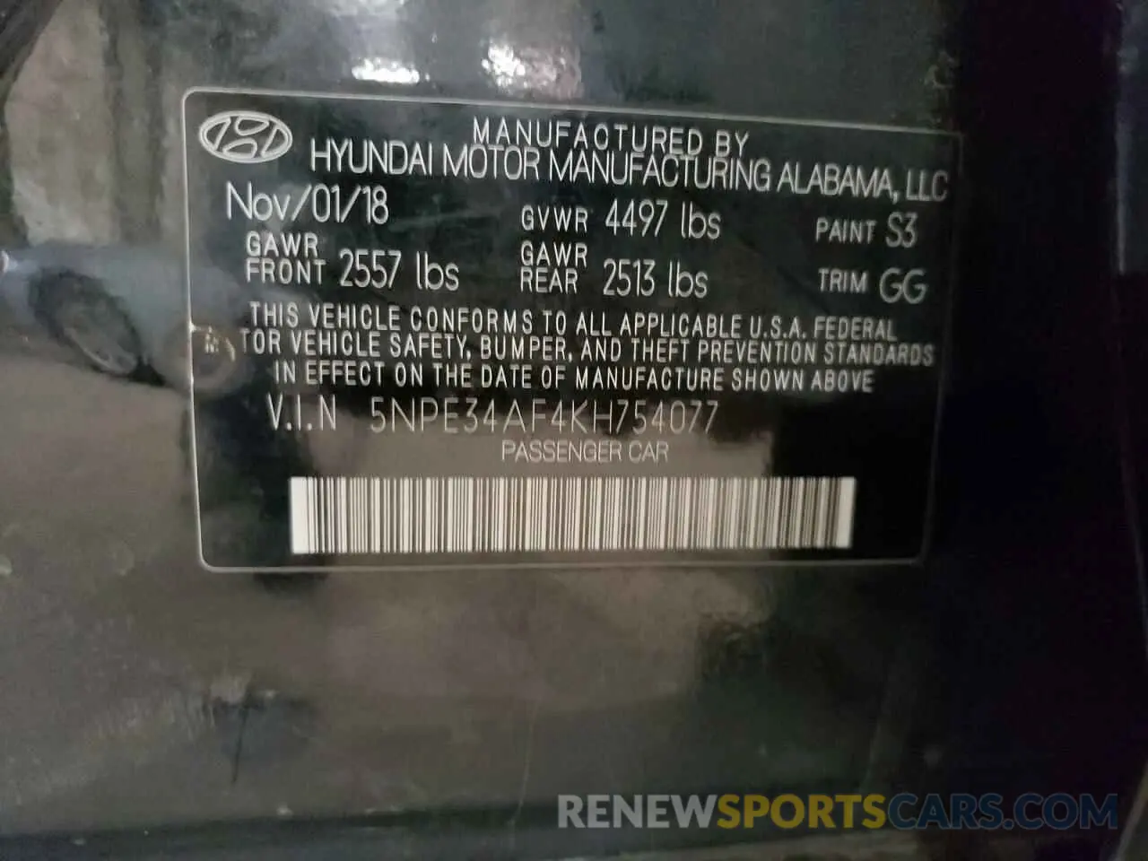 12 Photograph of a damaged car 5NPE34AF4KH754077 HYUNDAI SONATA 2019