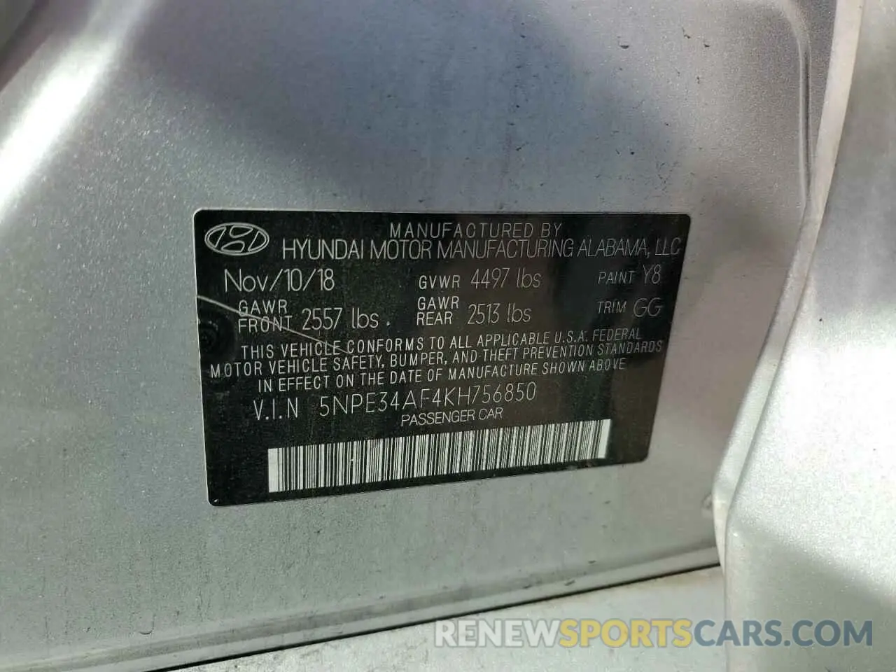 13 Photograph of a damaged car 5NPE34AF4KH756850 HYUNDAI SONATA 2019