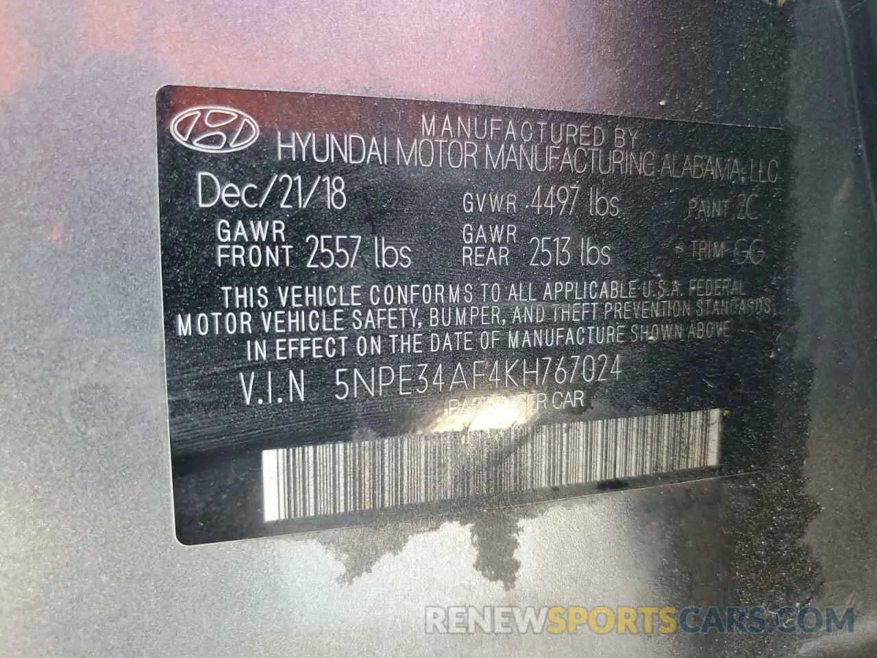 13 Photograph of a damaged car 5NPE34AF4KH767024 HYUNDAI SONATA 2019
