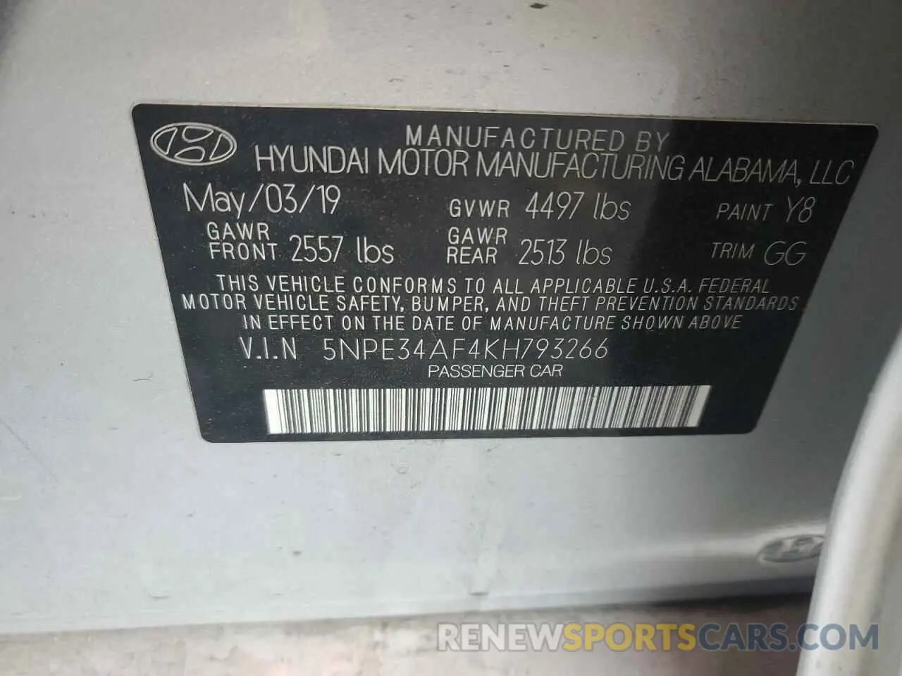 14 Photograph of a damaged car 5NPE34AF4KH793266 HYUNDAI SONATA 2019