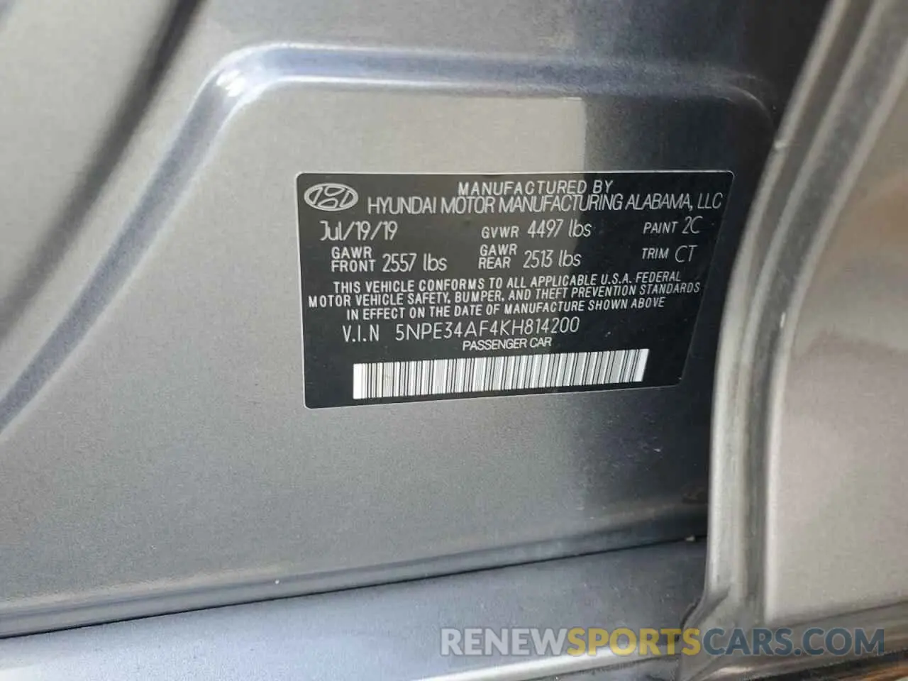12 Photograph of a damaged car 5NPE34AF4KH814200 HYUNDAI SONATA 2019