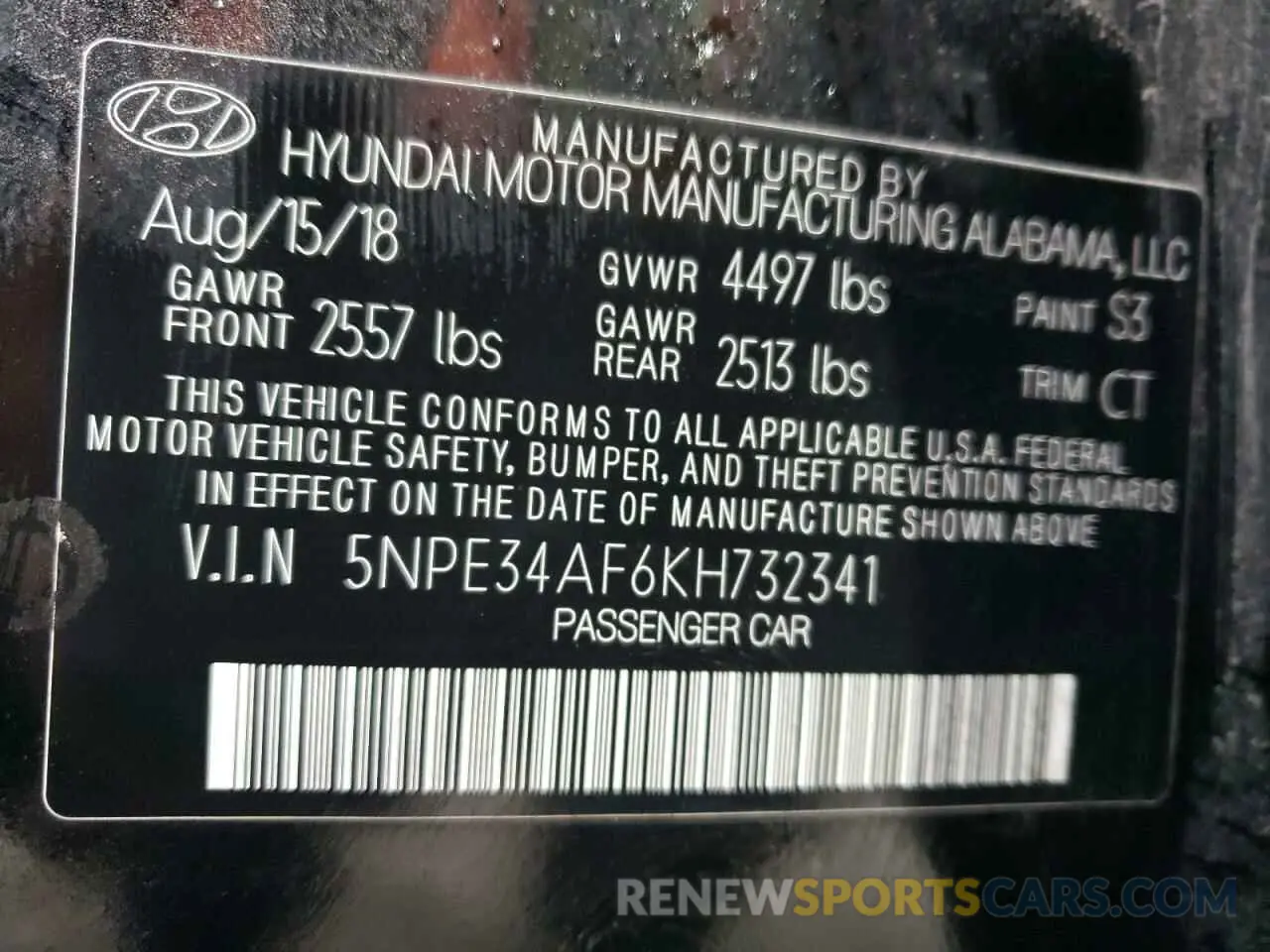 14 Photograph of a damaged car 5NPE34AF6KH732341 HYUNDAI SONATA 2019