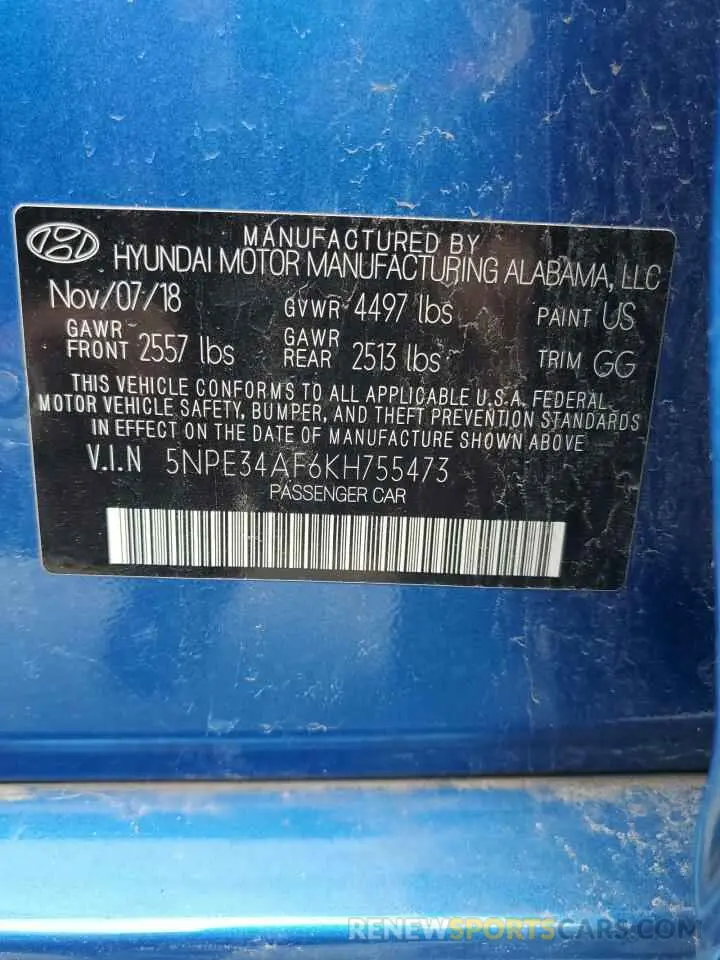 12 Photograph of a damaged car 5NPE34AF6KH755473 HYUNDAI SONATA 2019