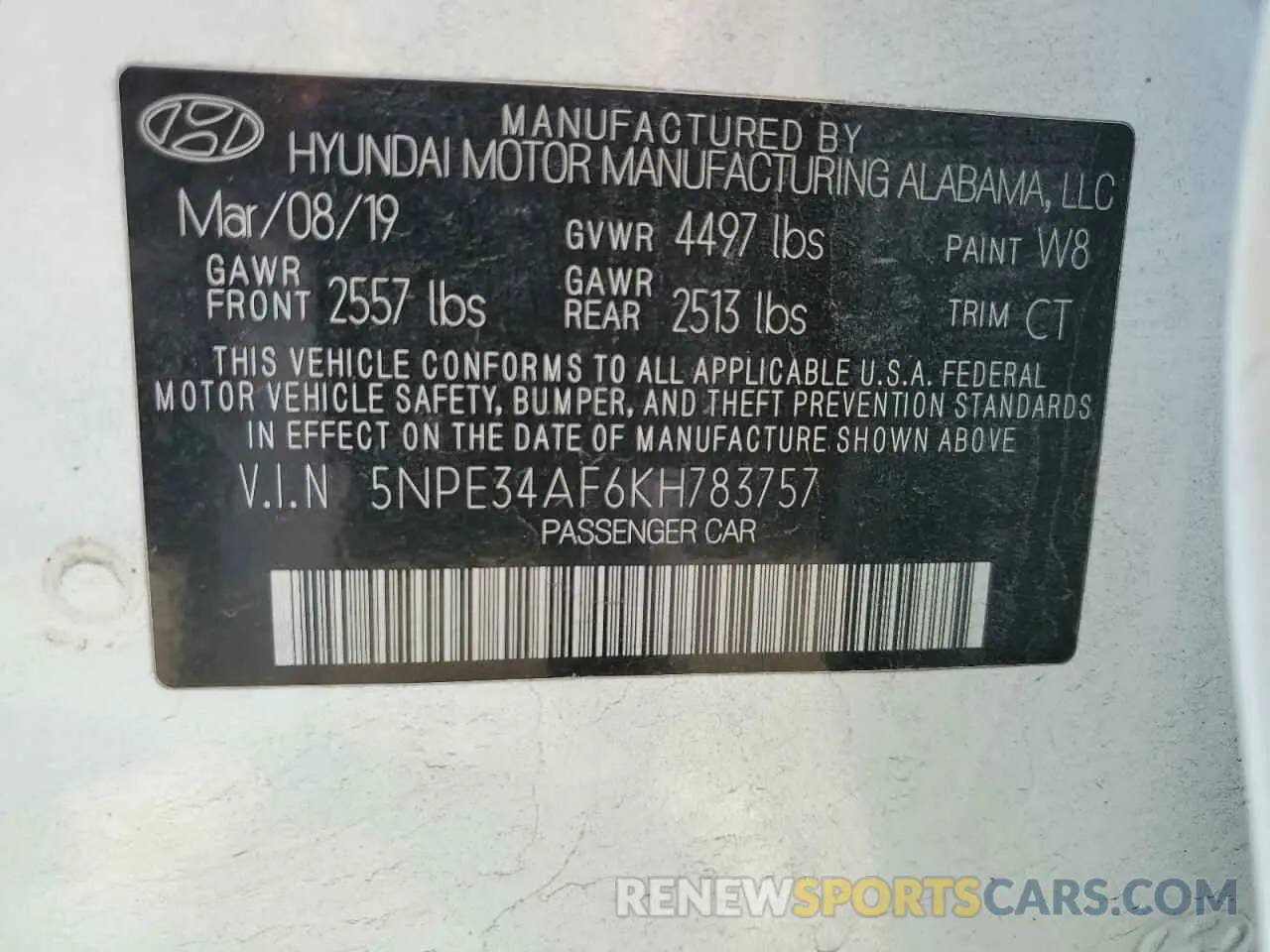 12 Photograph of a damaged car 5NPE34AF6KH783757 HYUNDAI SONATA 2019