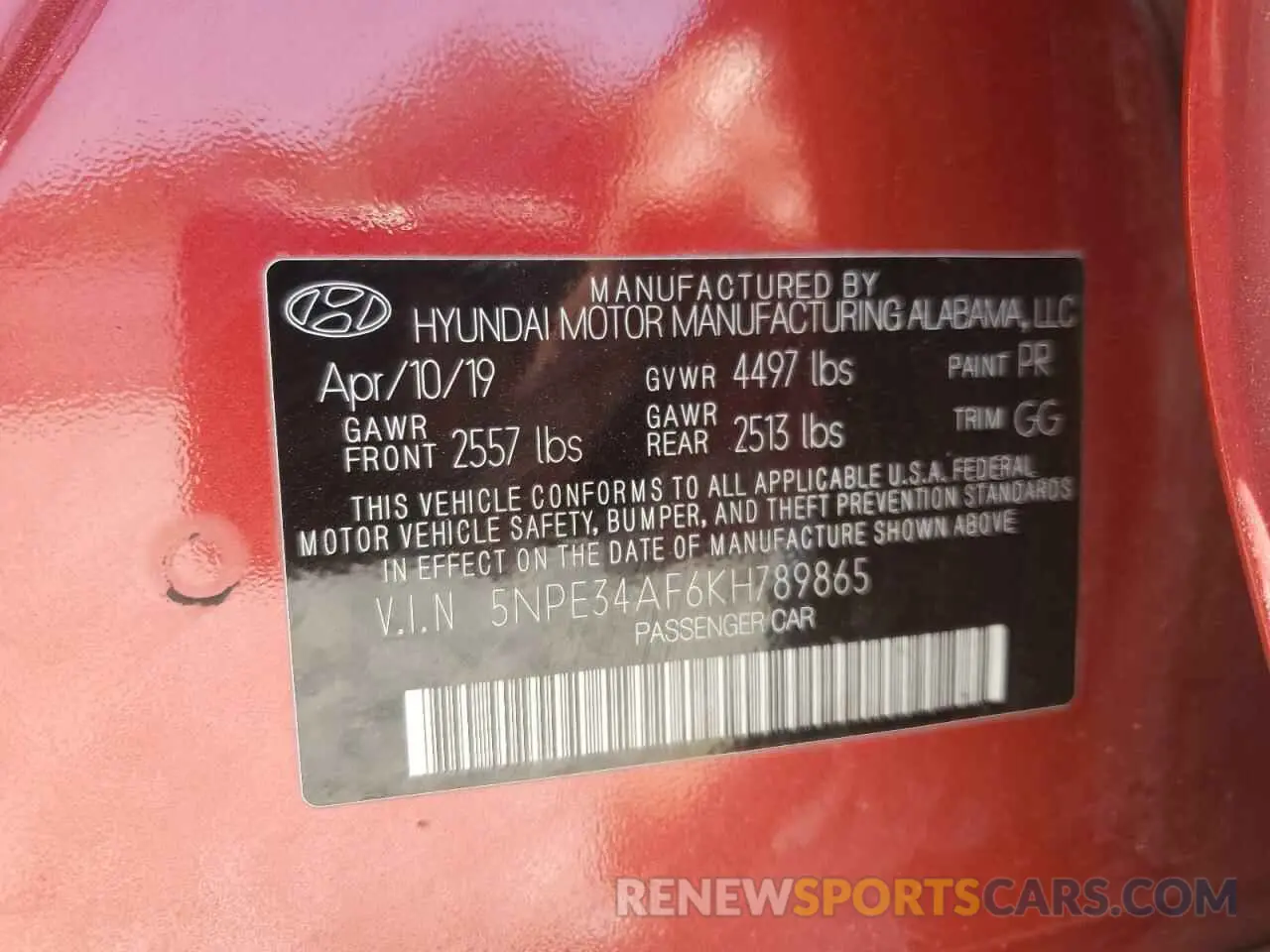 13 Photograph of a damaged car 5NPE34AF6KH789865 HYUNDAI SONATA 2019
