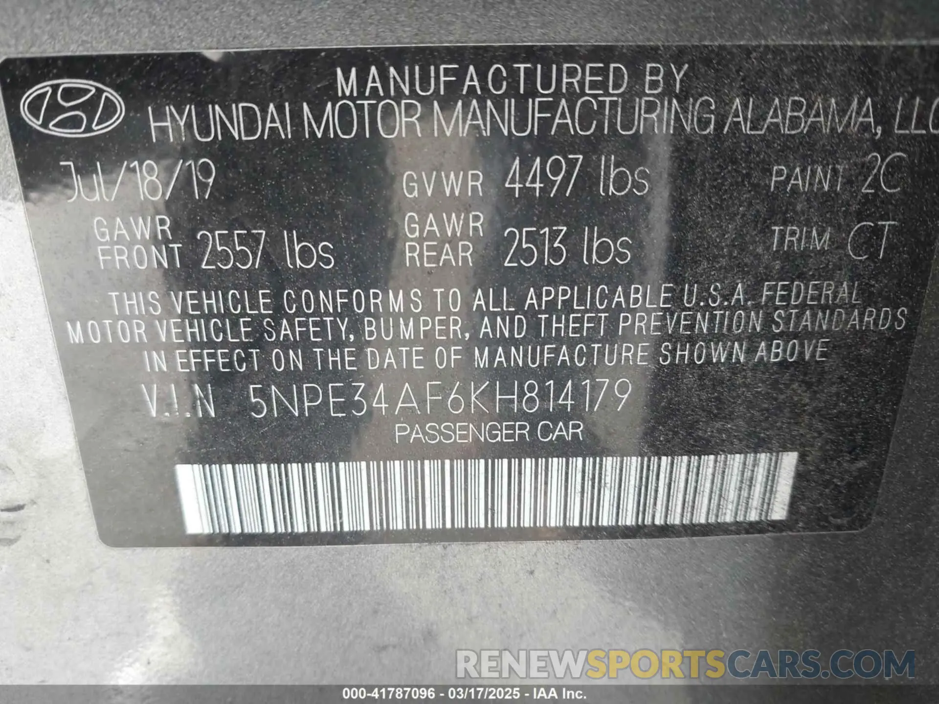 9 Photograph of a damaged car 5NPE34AF6KH814179 HYUNDAI SONATA 2019