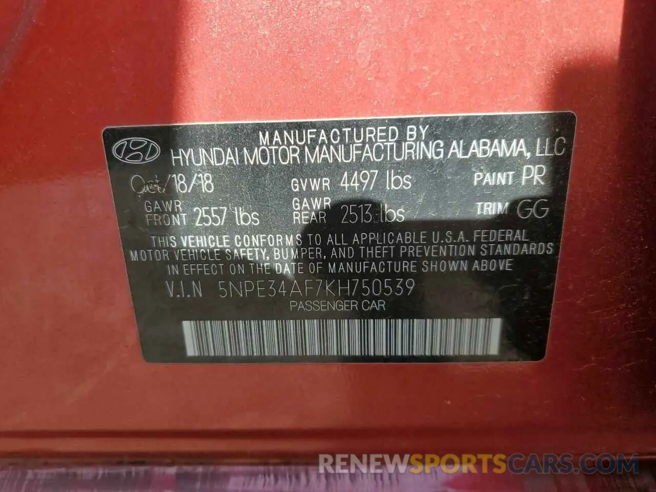 13 Photograph of a damaged car 5NPE34AF7KH750539 HYUNDAI SONATA 2019