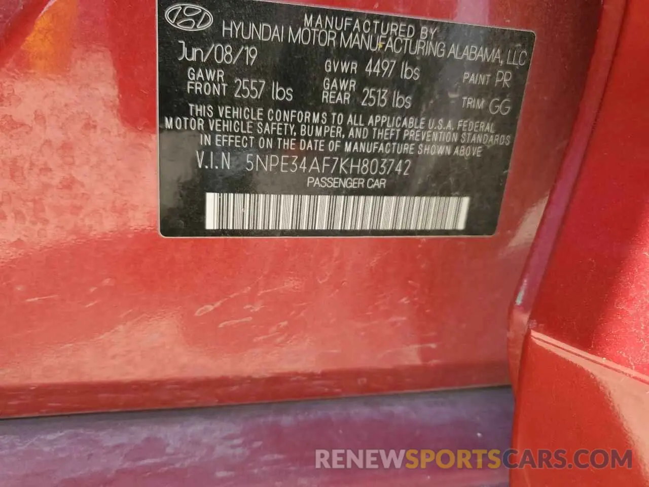 13 Photograph of a damaged car 5NPE34AF7KH803742 HYUNDAI SONATA 2019