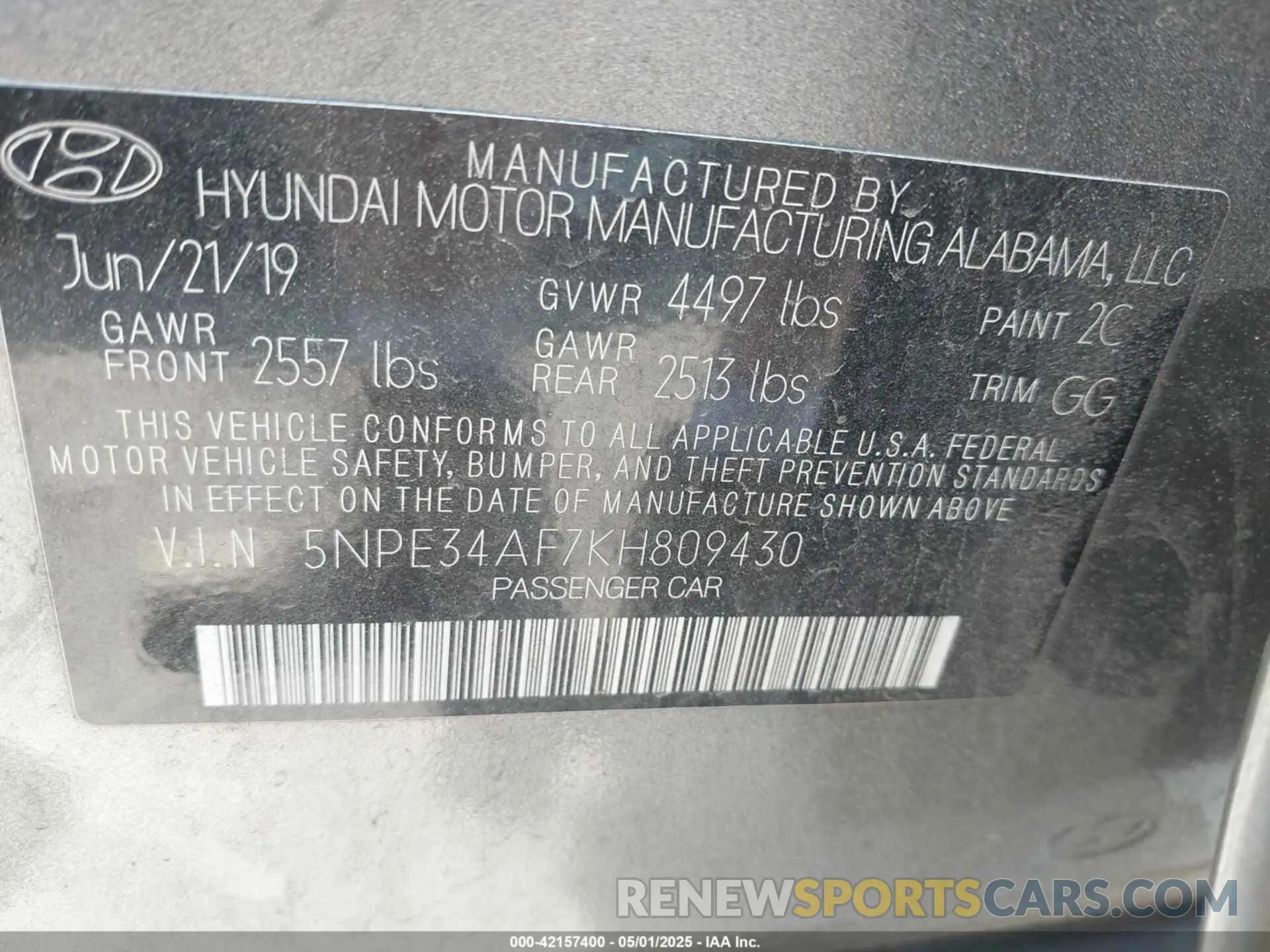 9 Photograph of a damaged car 5NPE34AF7KH809430 HYUNDAI SONATA 2019