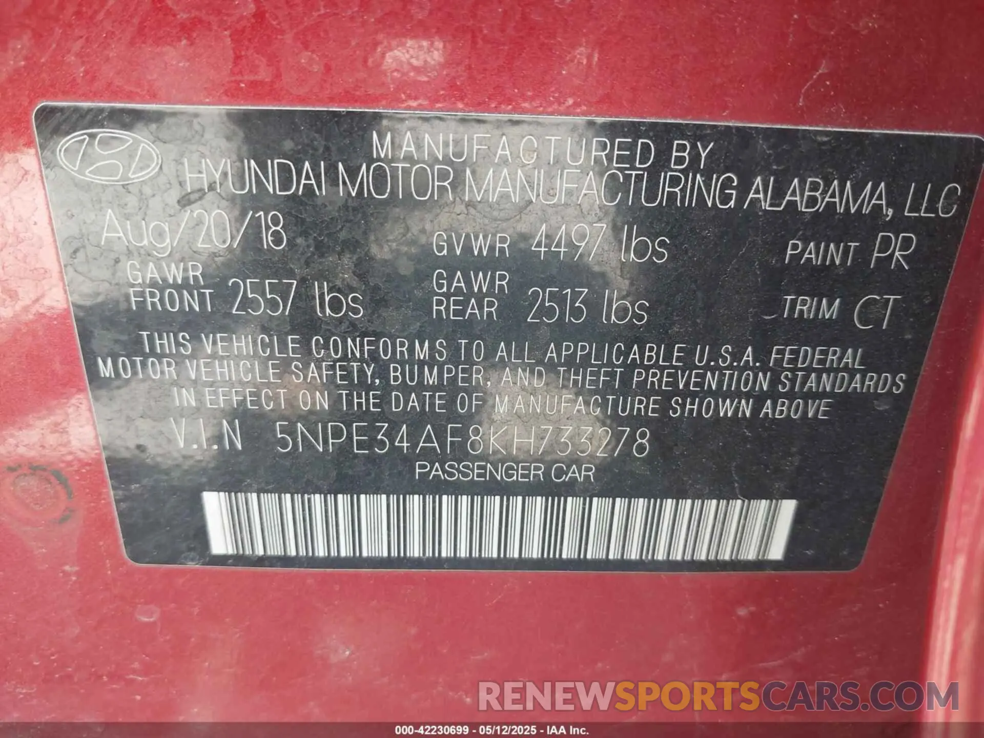 9 Photograph of a damaged car 5NPE34AF8KH733278 HYUNDAI SONATA 2019
